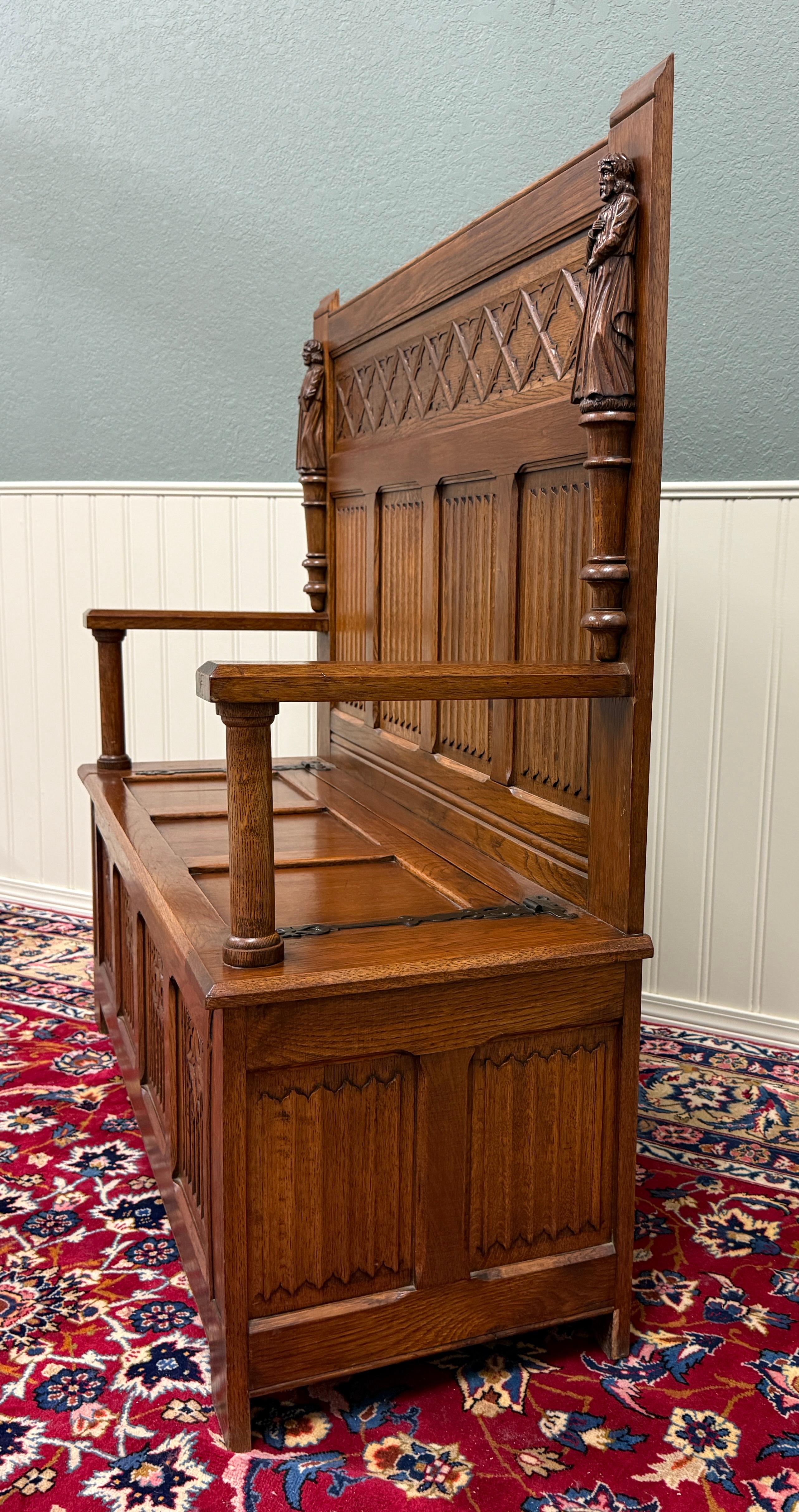 Antike französische Bank-Sessel, gotisch, Eichenholz, Leinen, gefaltete Monken, Lift-Top-Sitz, um 1900 im Angebot 13