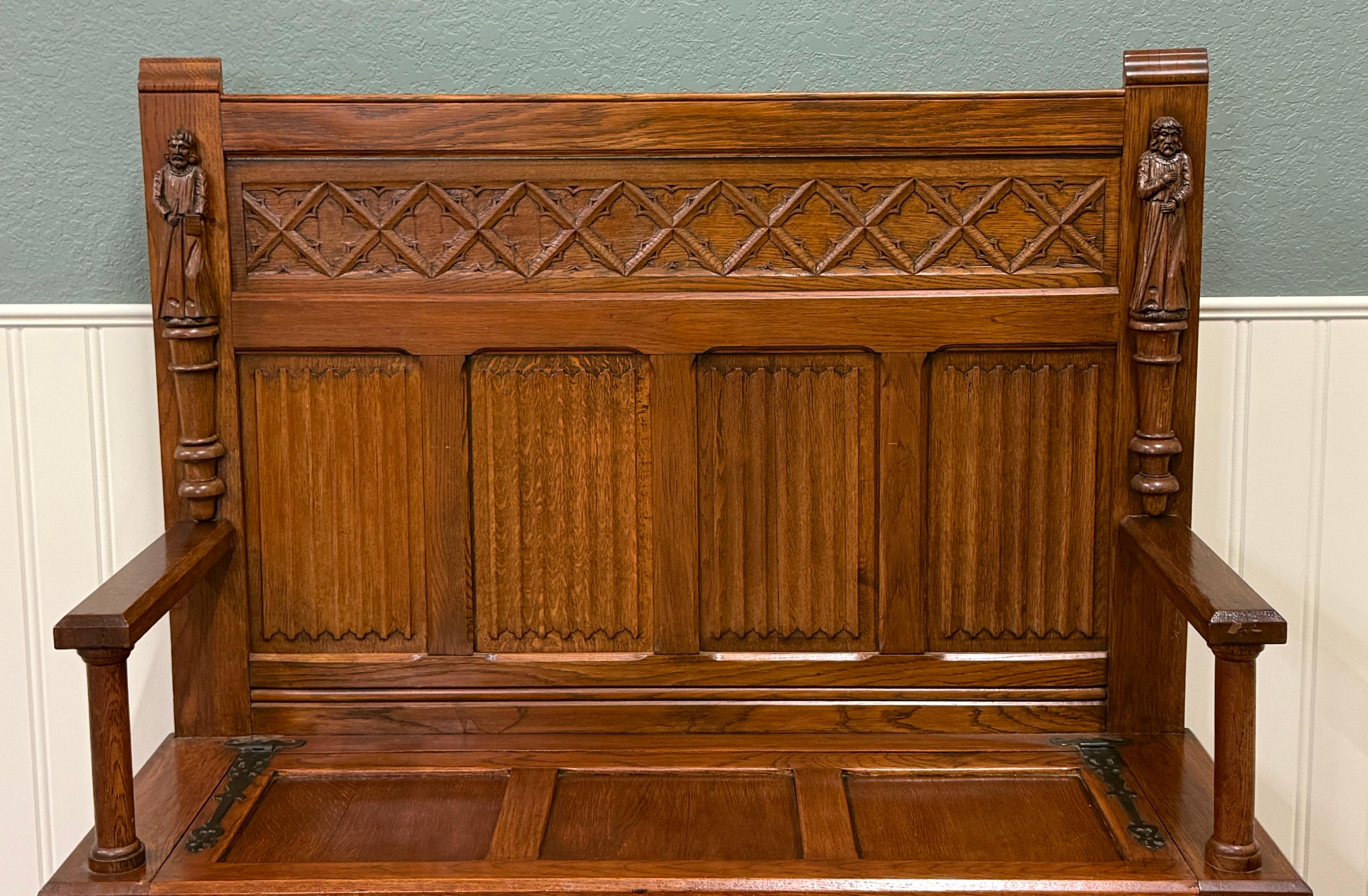 Antike französische Bank-Sessel, gotisch, Eichenholz, Leinen, gefaltete Monken, Lift-Top-Sitz, um 1900 (Französisch) im Angebot