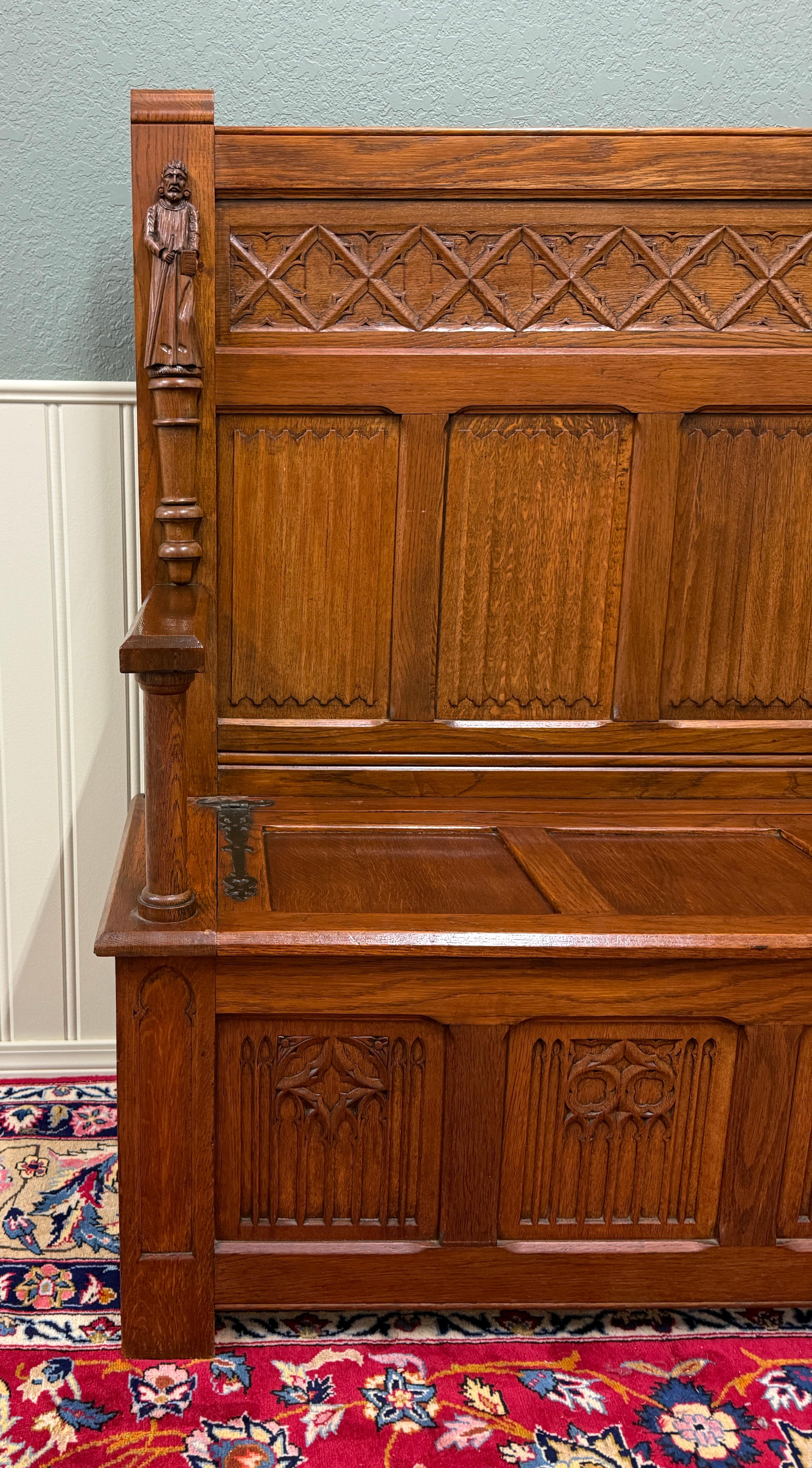 Antike französische Bank-Sessel, gotisch, Eichenholz, Leinen, gefaltete Monken, Lift-Top-Sitz, um 1900 im Angebot 1