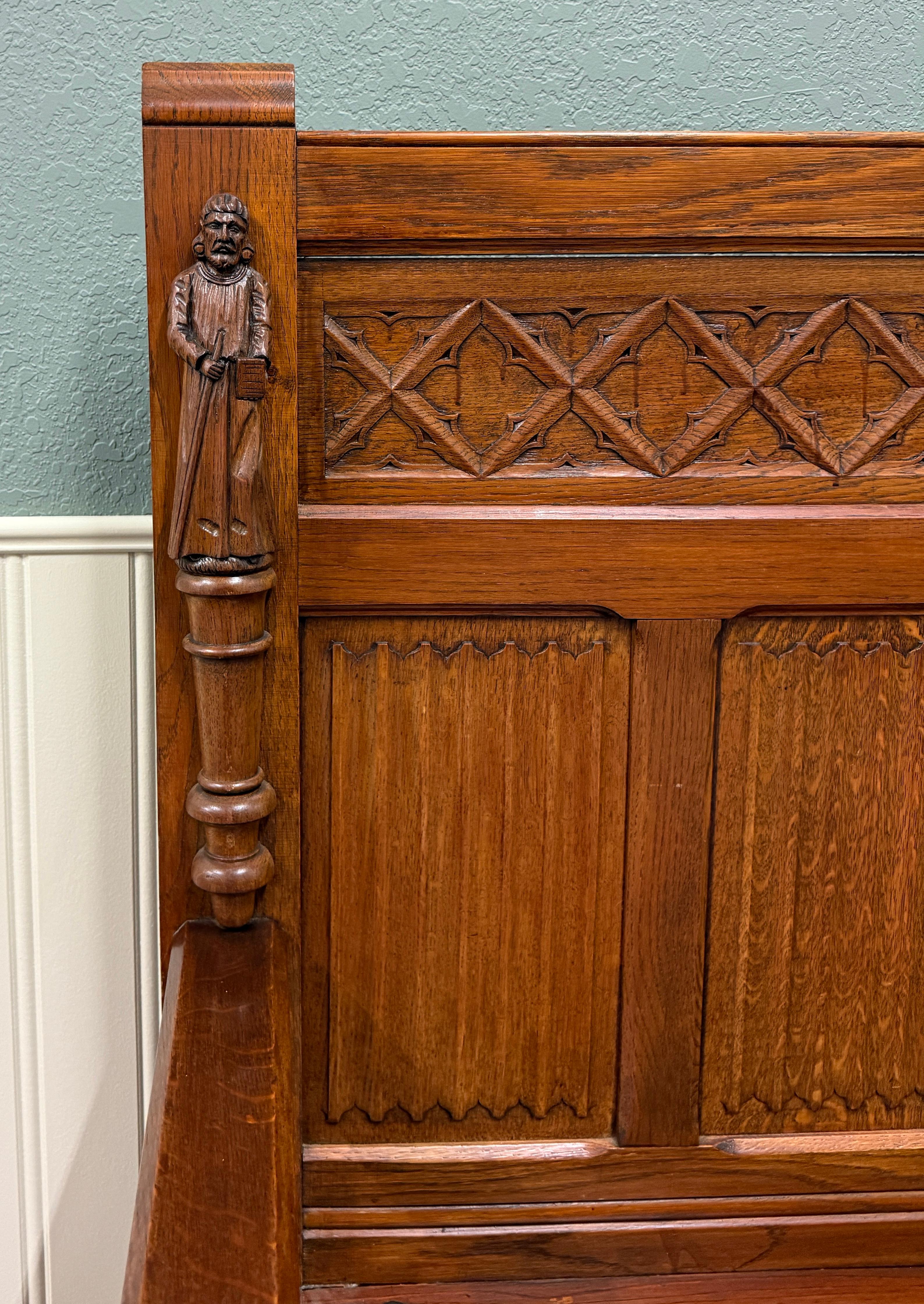 Antike französische Bank-Sessel, gotisch, Eichenholz, Leinen, gefaltete Monken, Lift-Top-Sitz, um 1900 im Angebot 2
