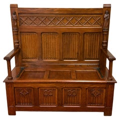 Antique French Bench Settee Gothic Oak Linen Fold Monks Lift Top Seat c. 1900
