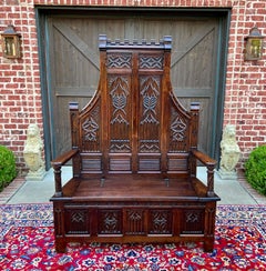 Antique French Bench Settee Gothic Oak Tracery Lift Top Seat Storage Trunk 19C