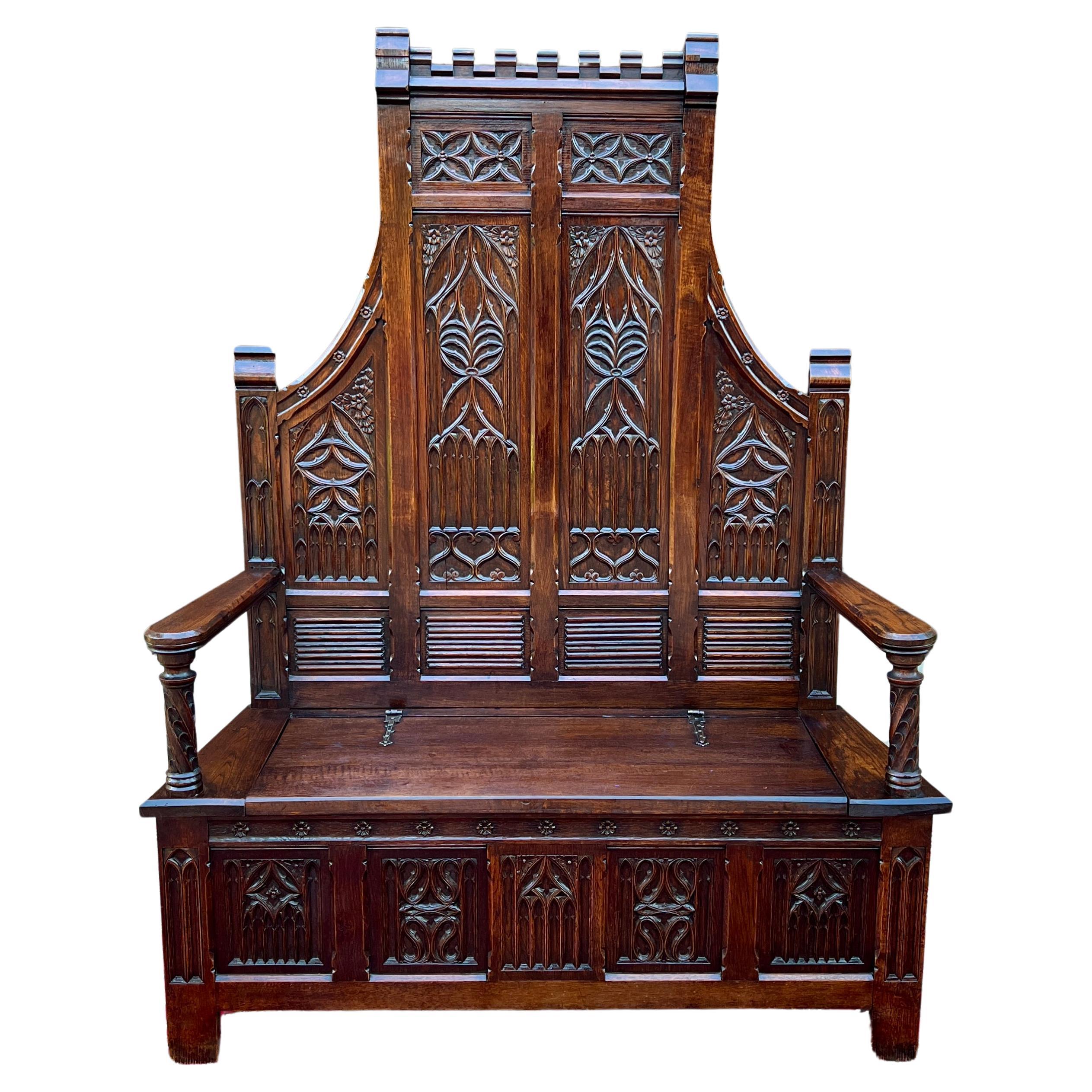 Antique French Bench Settee Gothic Oak Tracery Lift Top Seat Storage Trunk 19C