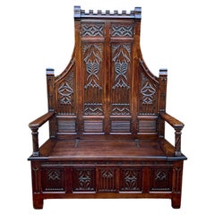 Antique French Bench Settee Gothic Oak Tracery Lift Top Seat Storage Trunk 19C