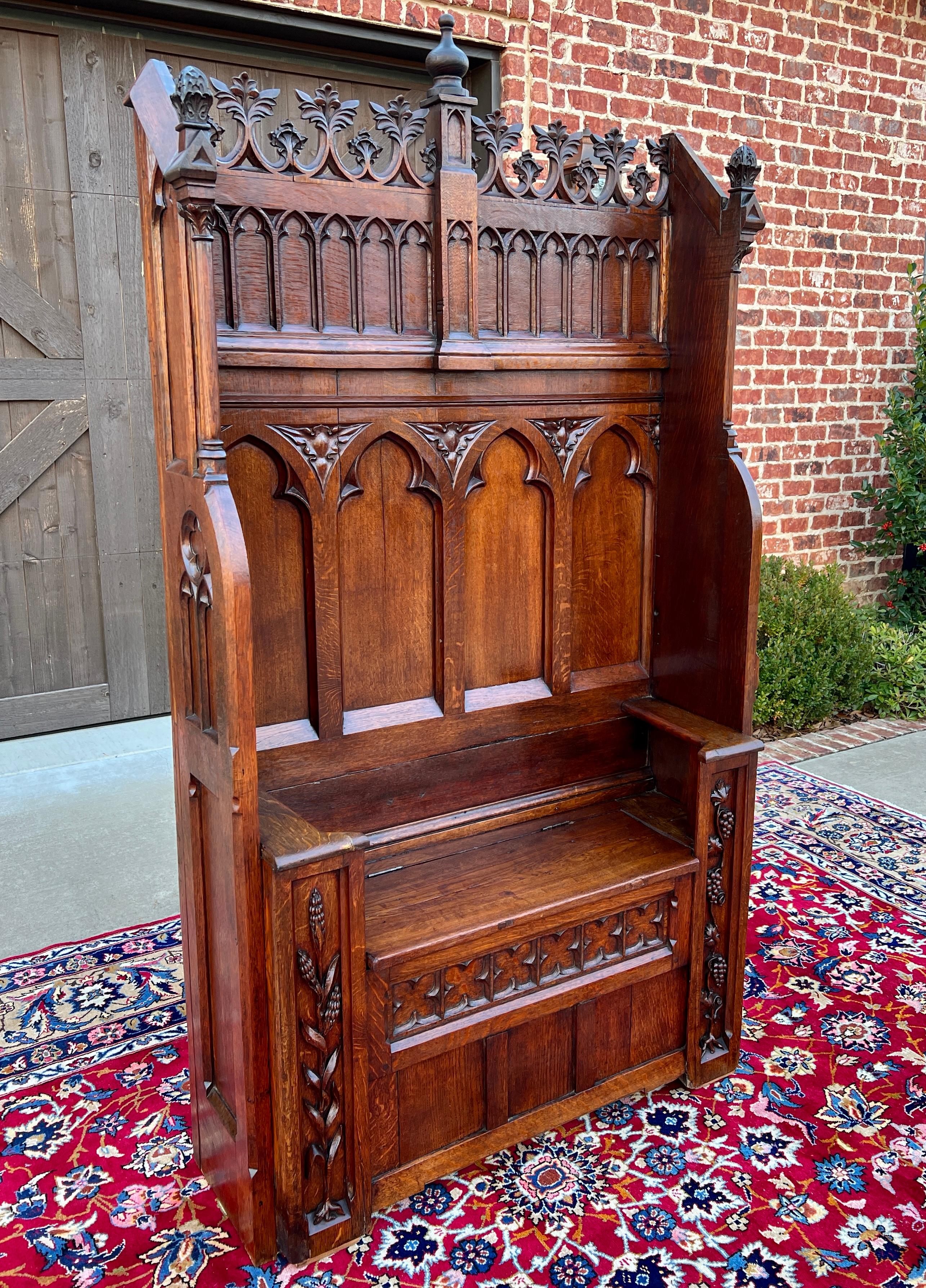 EXQUISITE Antique French Oak GOTHIC REVIVAL Church Home Prayer Room Bench or Settee with Lift-Top Seat and Storage~ BEAUTIFUL GOTHIC ELEMENTS THROUGHOUT~~c. 
1880s 


        Spectacular design~~beautifully carved cathedral arches and tracery