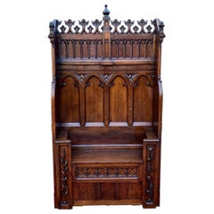 Antique French Bench Settee Gothic Revival Oak Church Bench Trunk 74" Tall 19C