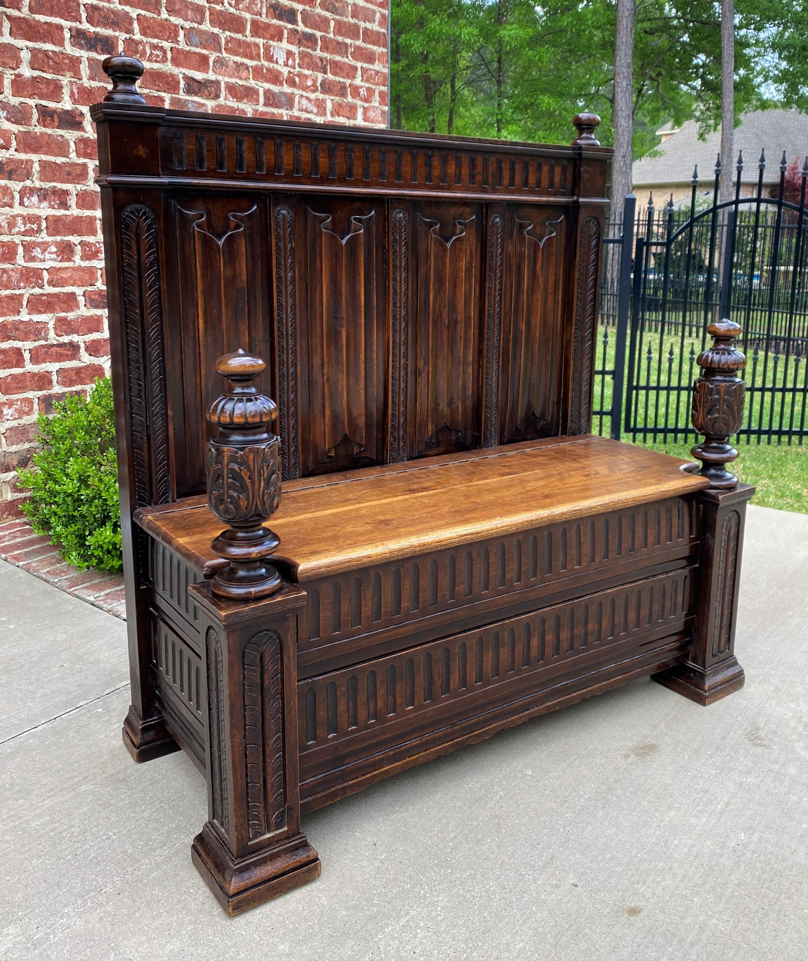 Antique French Bench Settee Gothic Revival Oak Lift Top Seat Storage Trunk 19C For Sale 4