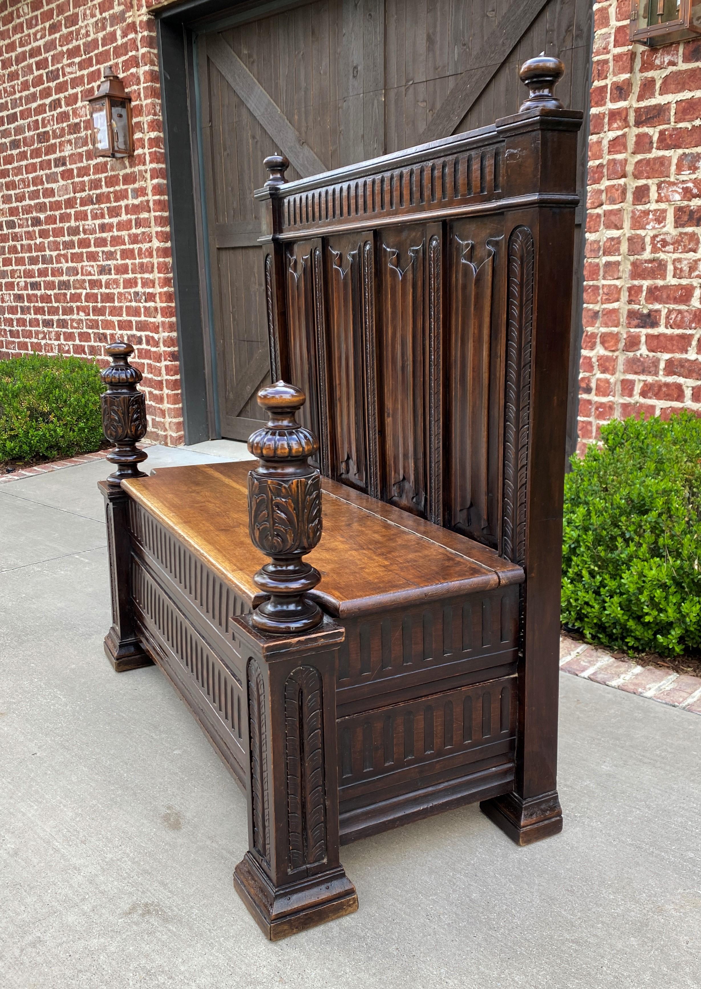 Antique French Bench Settee Gothic Revival Oak Lift Top Seat Storage Trunk 19C For Sale 5