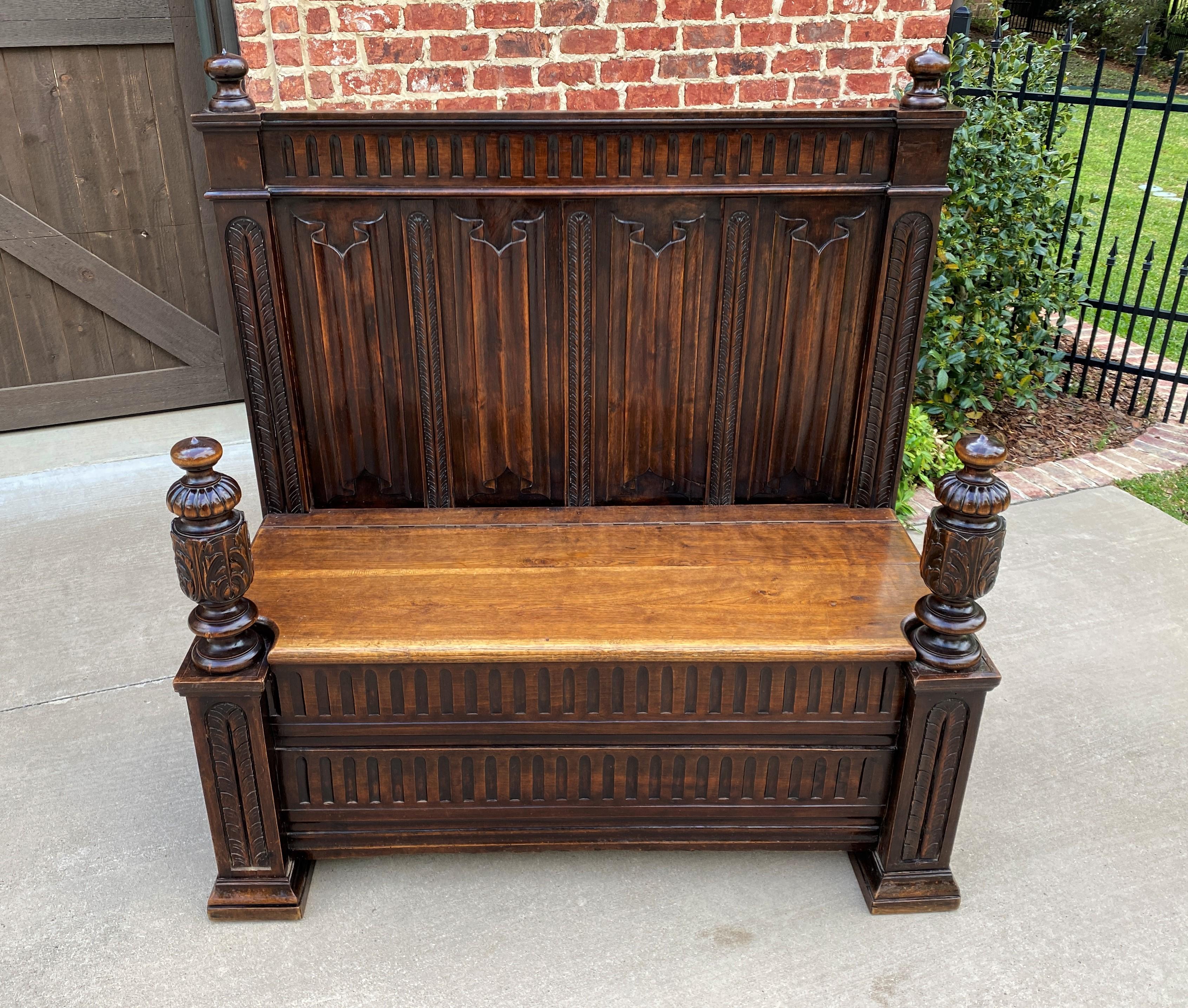 Antique French Bench Settee Gothic Revival Oak Lift Top Seat Storage Trunk 19C For Sale 7