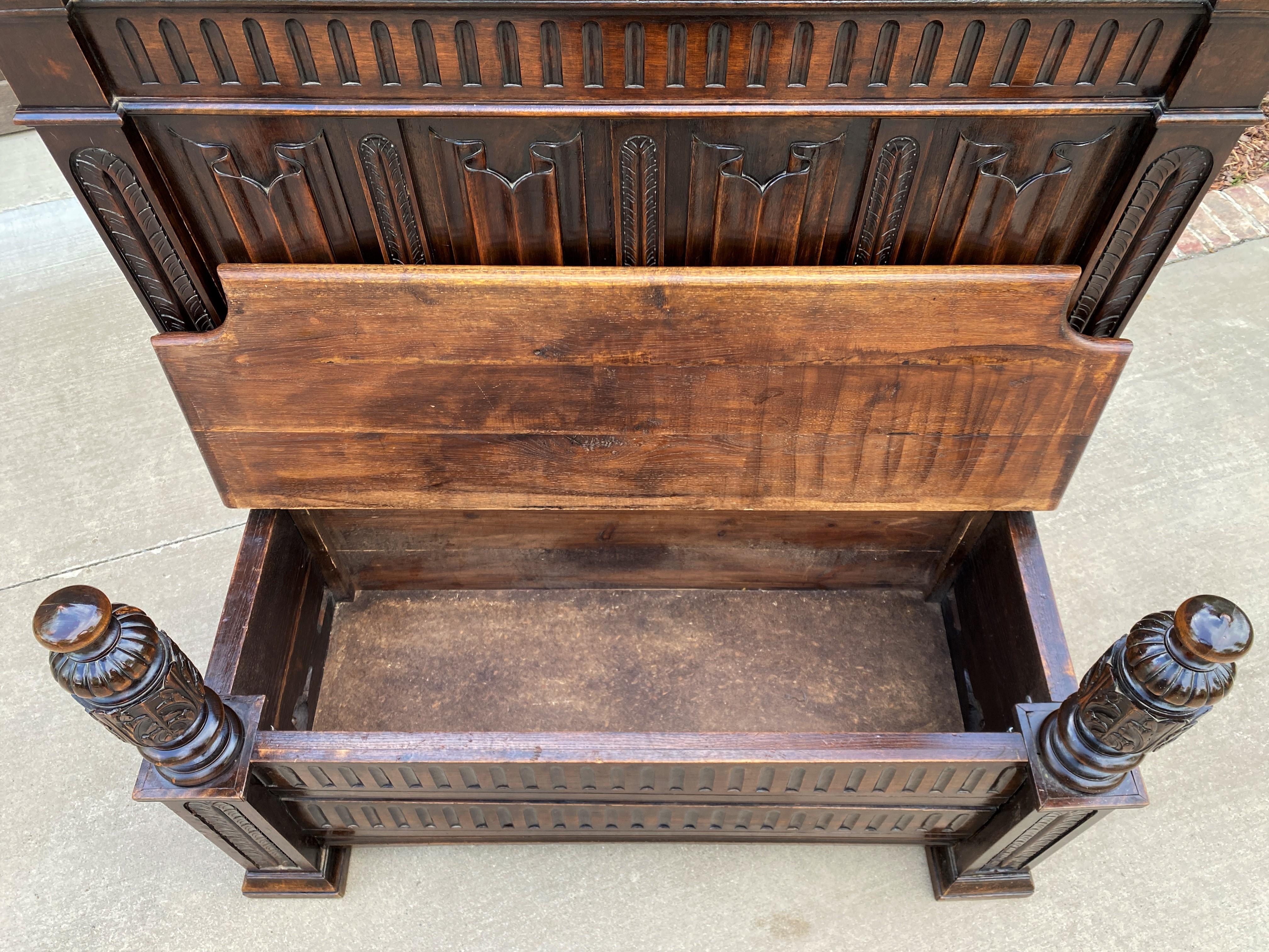 Antique French Bench Settee Gothic Revival Oak Lift Top Seat Storage Trunk 19C For Sale 11