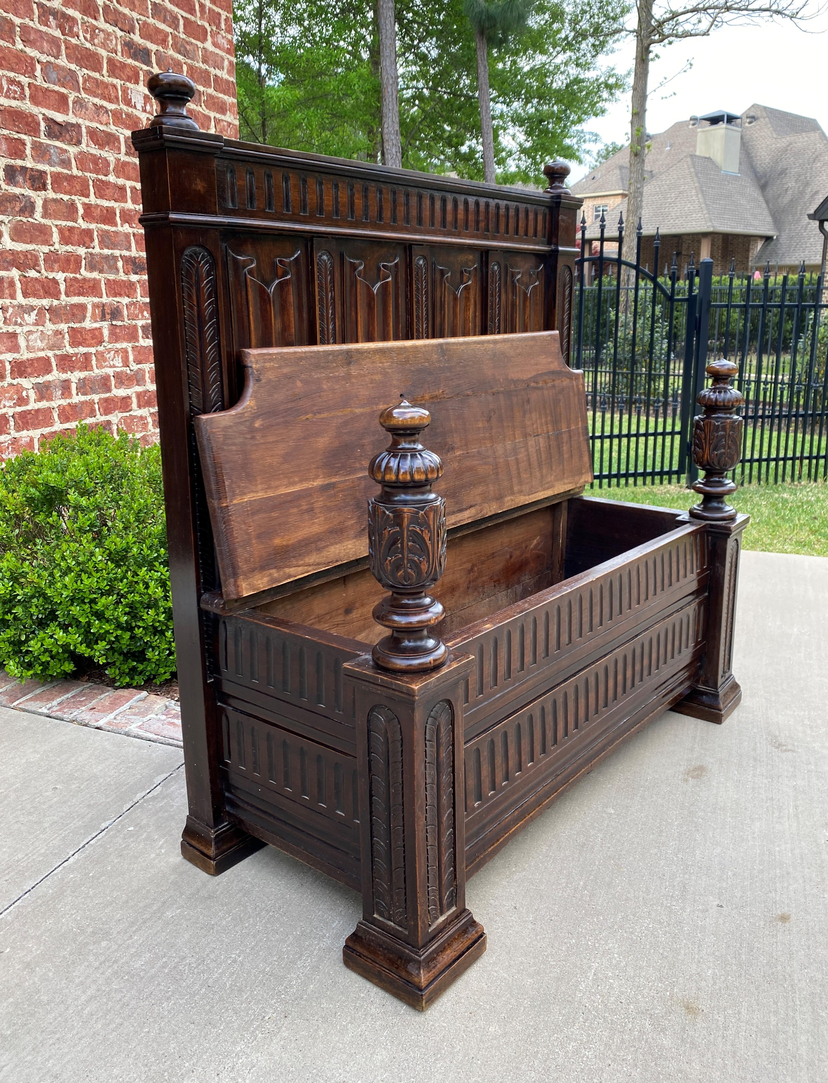 Antique French Bench Settee Gothic Revival Oak Lift Top Seat Storage Trunk 19C For Sale 8