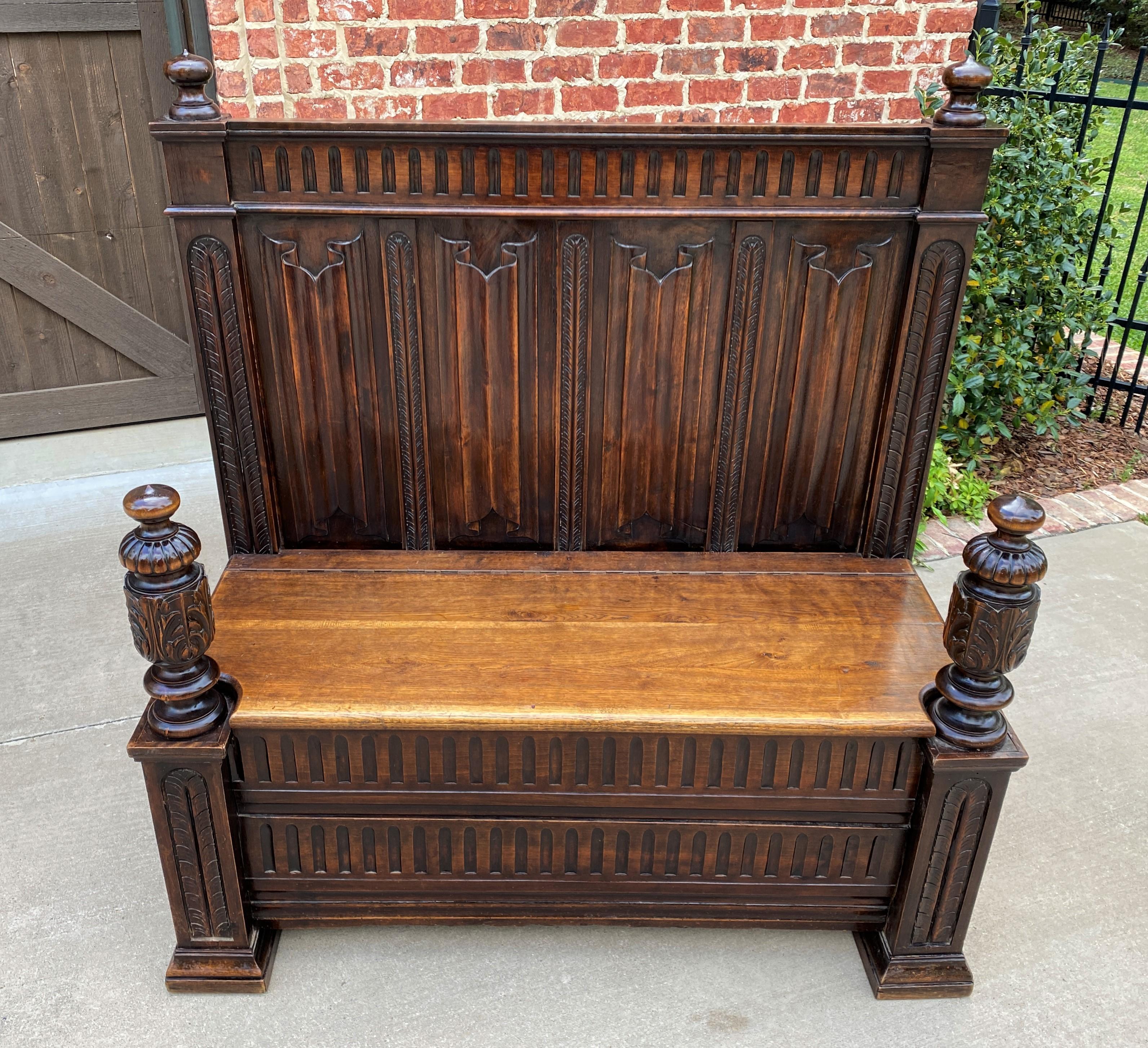 Antique French Bench Settee Gothic Revival Oak Lift Top Seat Storage Trunk 19C For Sale 9