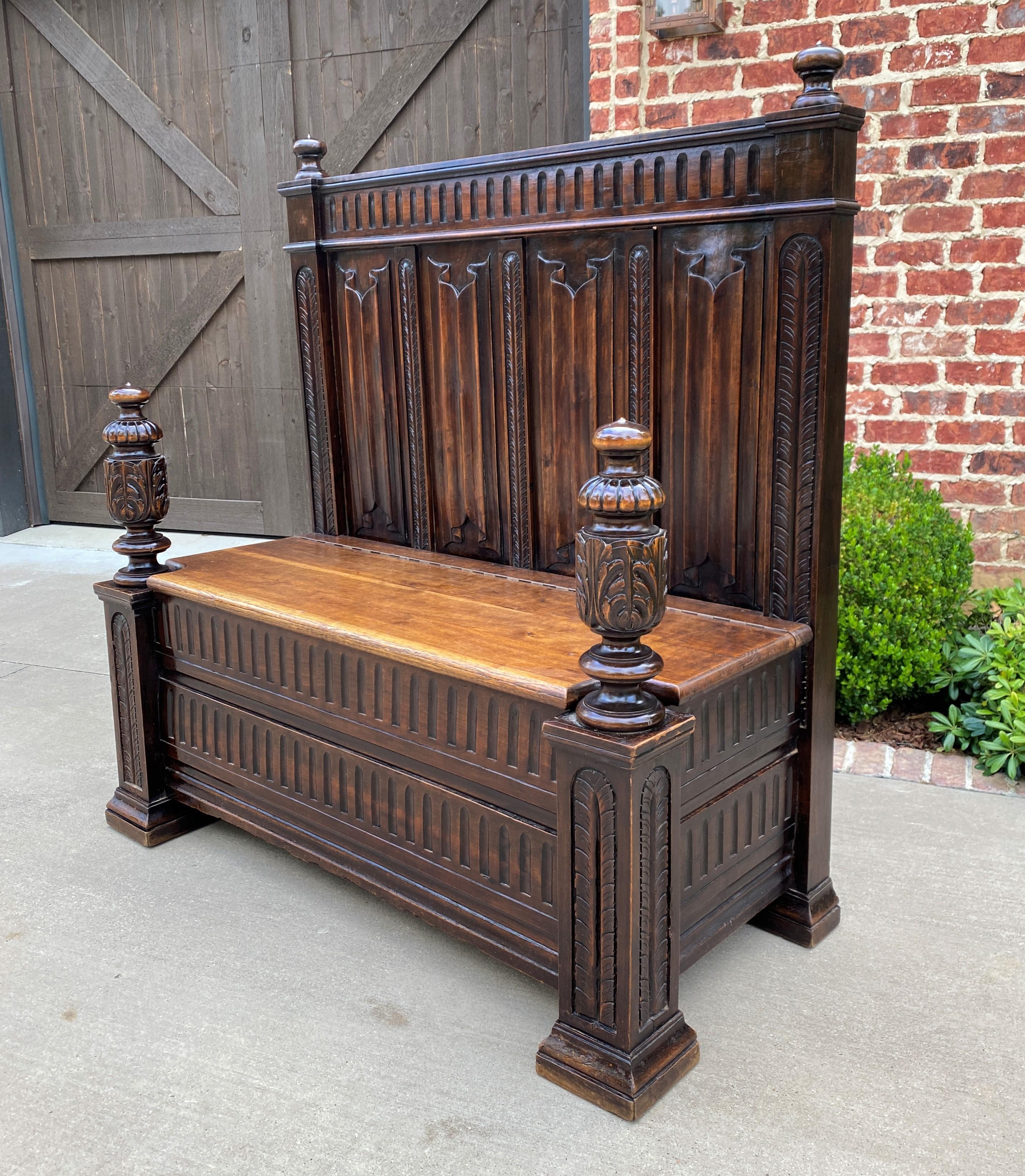 Antique French Bench Settee Gothic Revival Oak Lift Top Seat Storage Trunk 19C For Sale 10