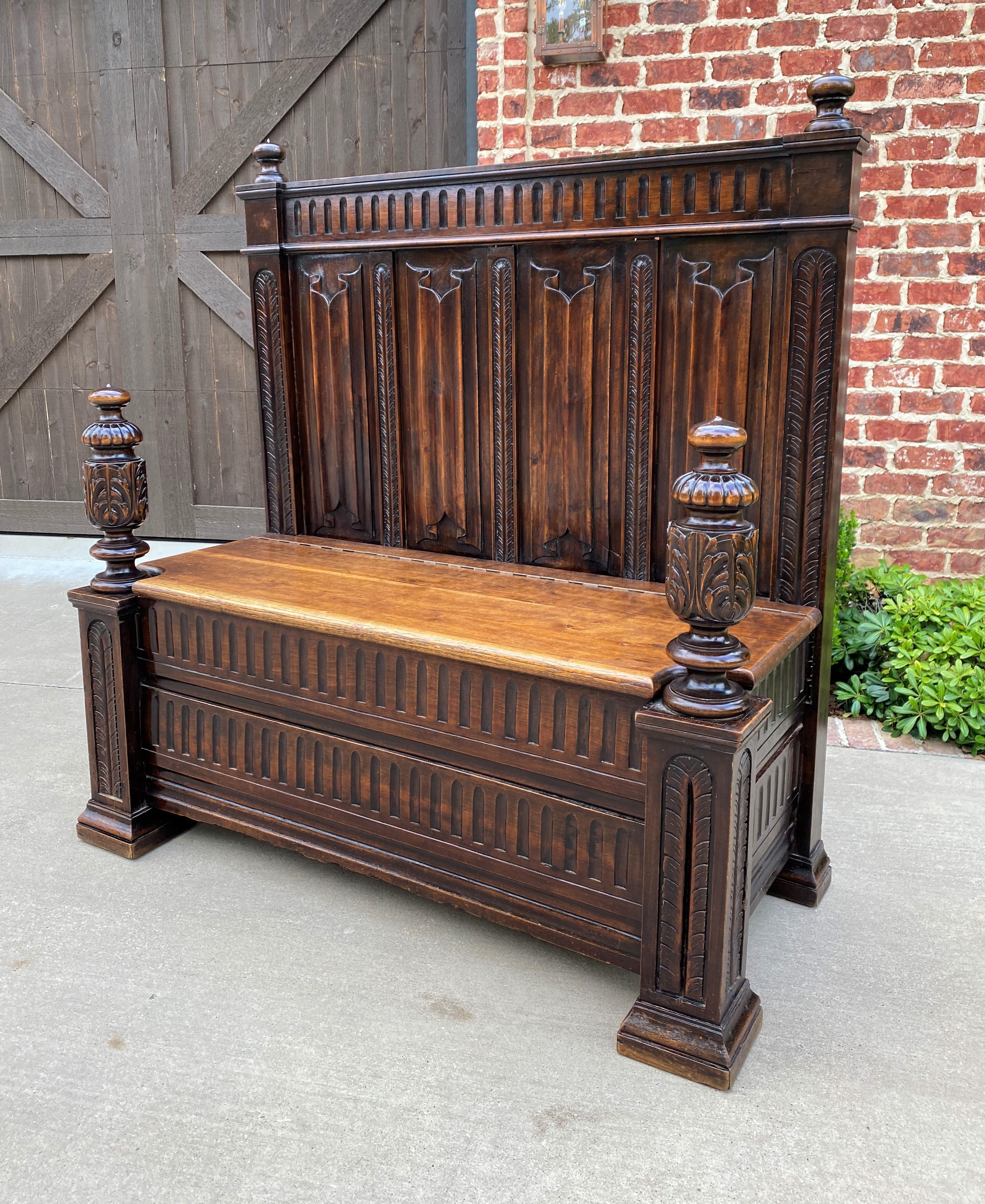 Antique French Bench Settee Gothic Revival Oak Lift Top Seat Storage Trunk 19C 11