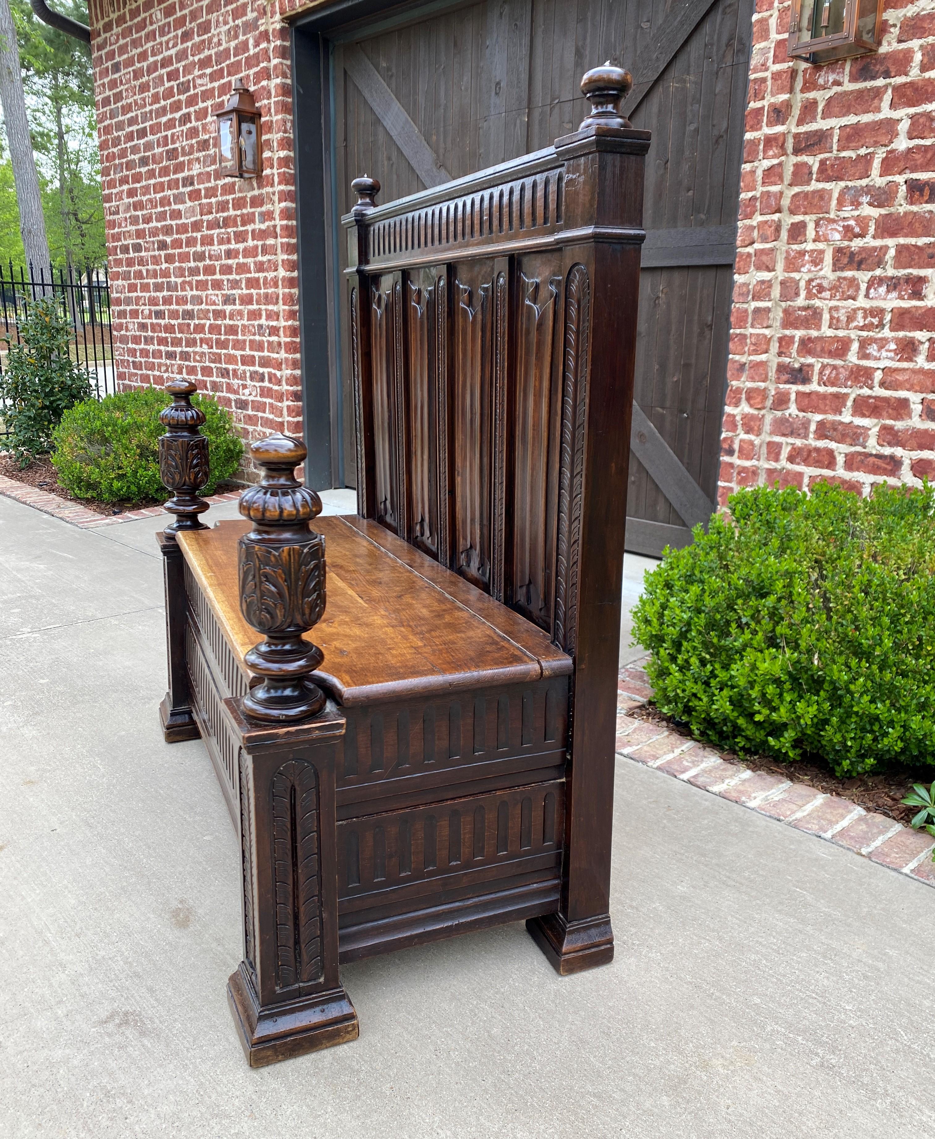 Antique French Bench Settee Gothic Revival Oak Lift Top Seat Storage Trunk 19C In Good Condition For Sale In Tyler, TX