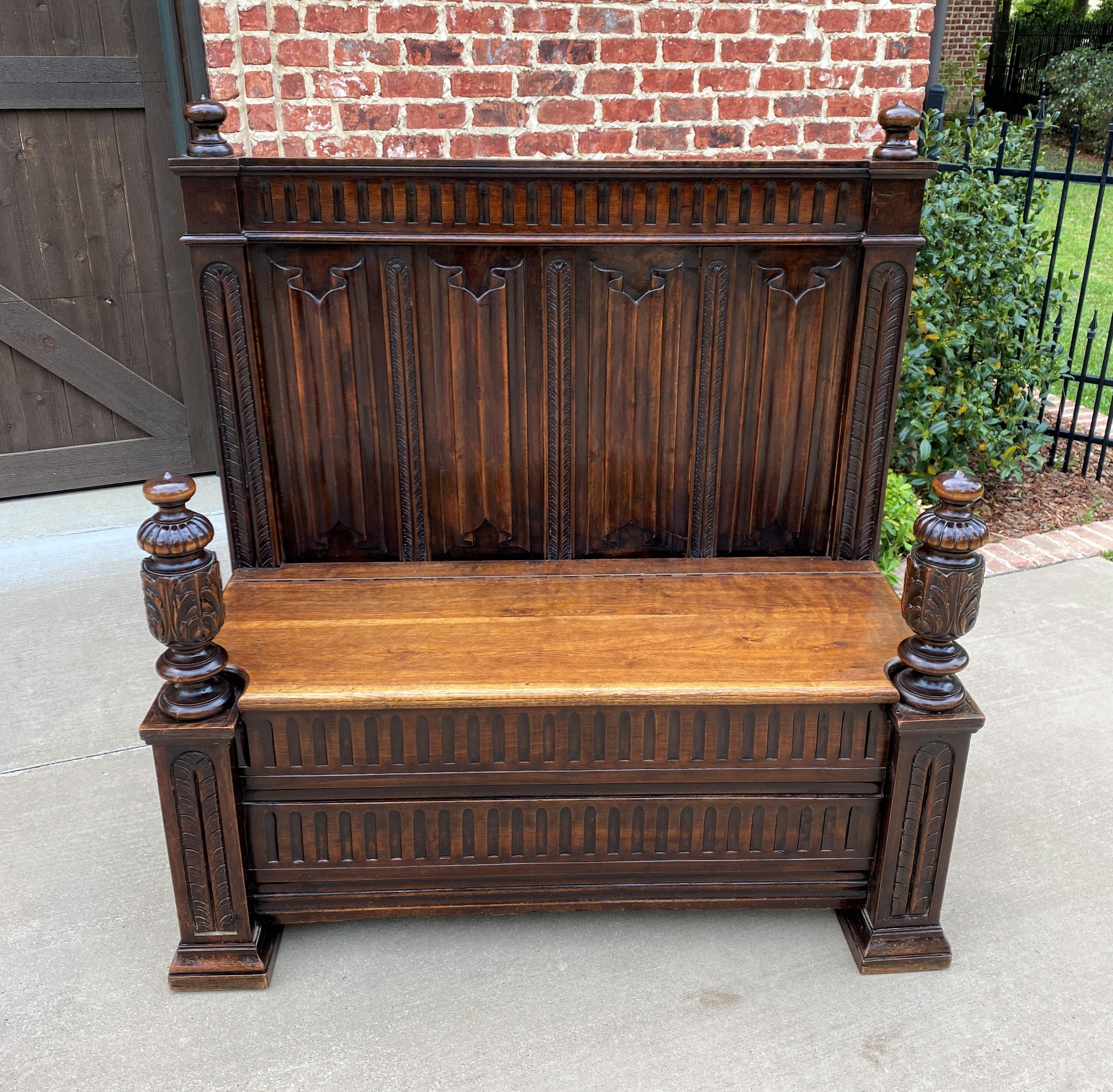 19th Century Antique French Bench Settee Gothic Revival Oak Lift Top Seat Storage Trunk 19C For Sale