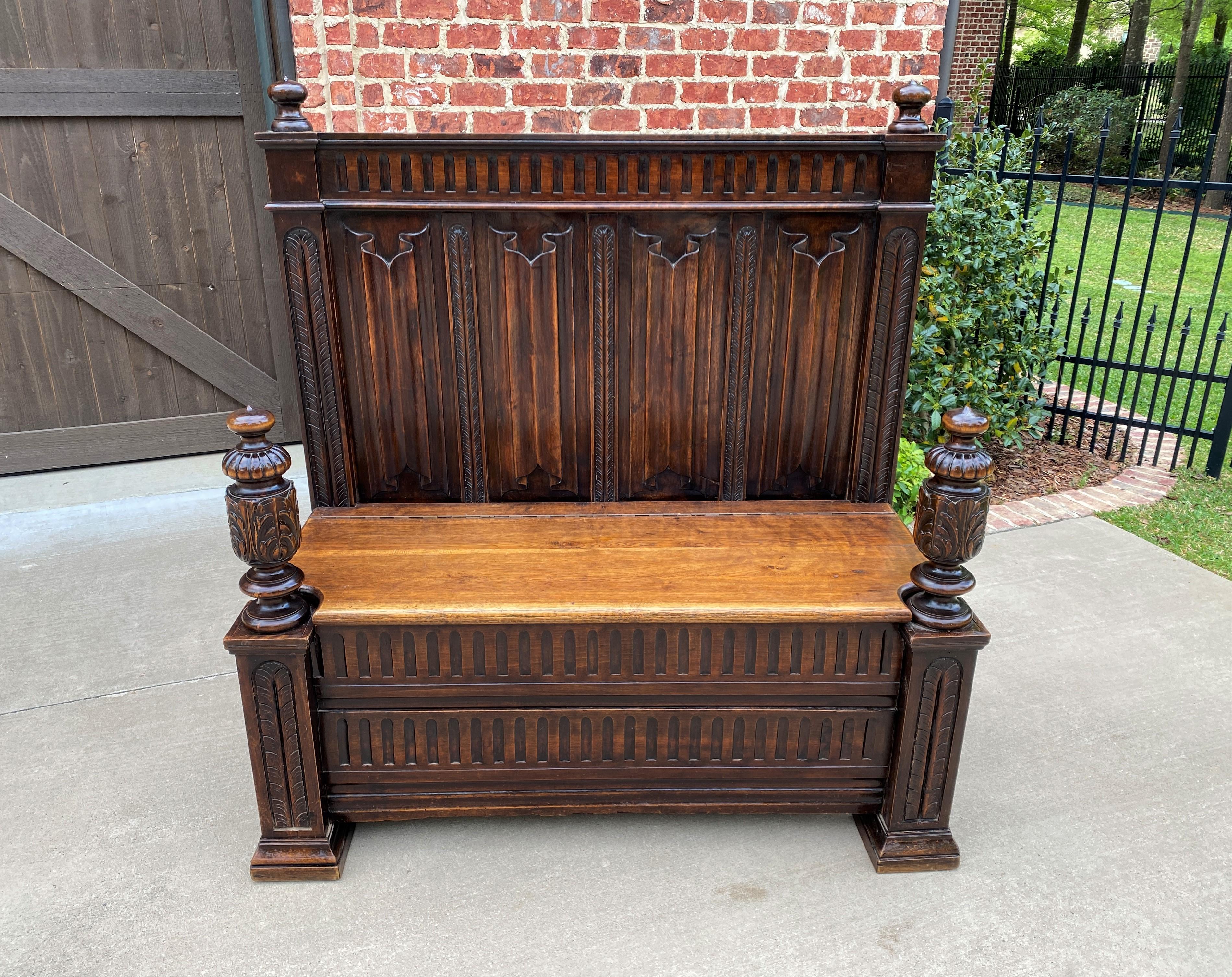 Antique French Bench Settee Gothic Revival Oak Lift Top Seat Storage Trunk 19C For Sale 2