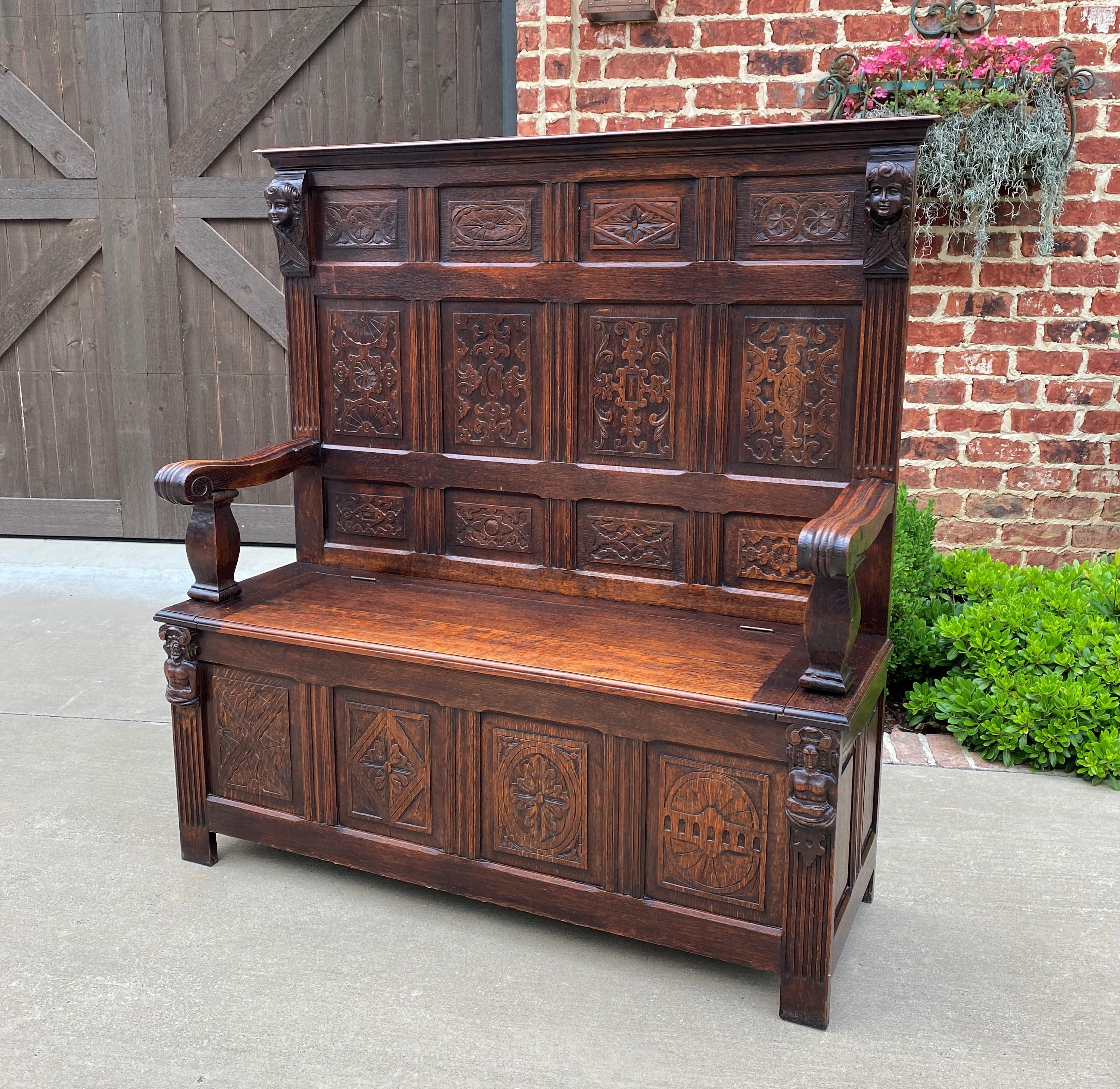 Antique French Bench Settee Oak Lift Top Seat Storage Trunk Gothic Revival  In Good Condition In Tyler, TX