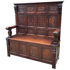 Antique French Bench Settee Oak Lift Top Seat Storage Trunk Gothic Revival