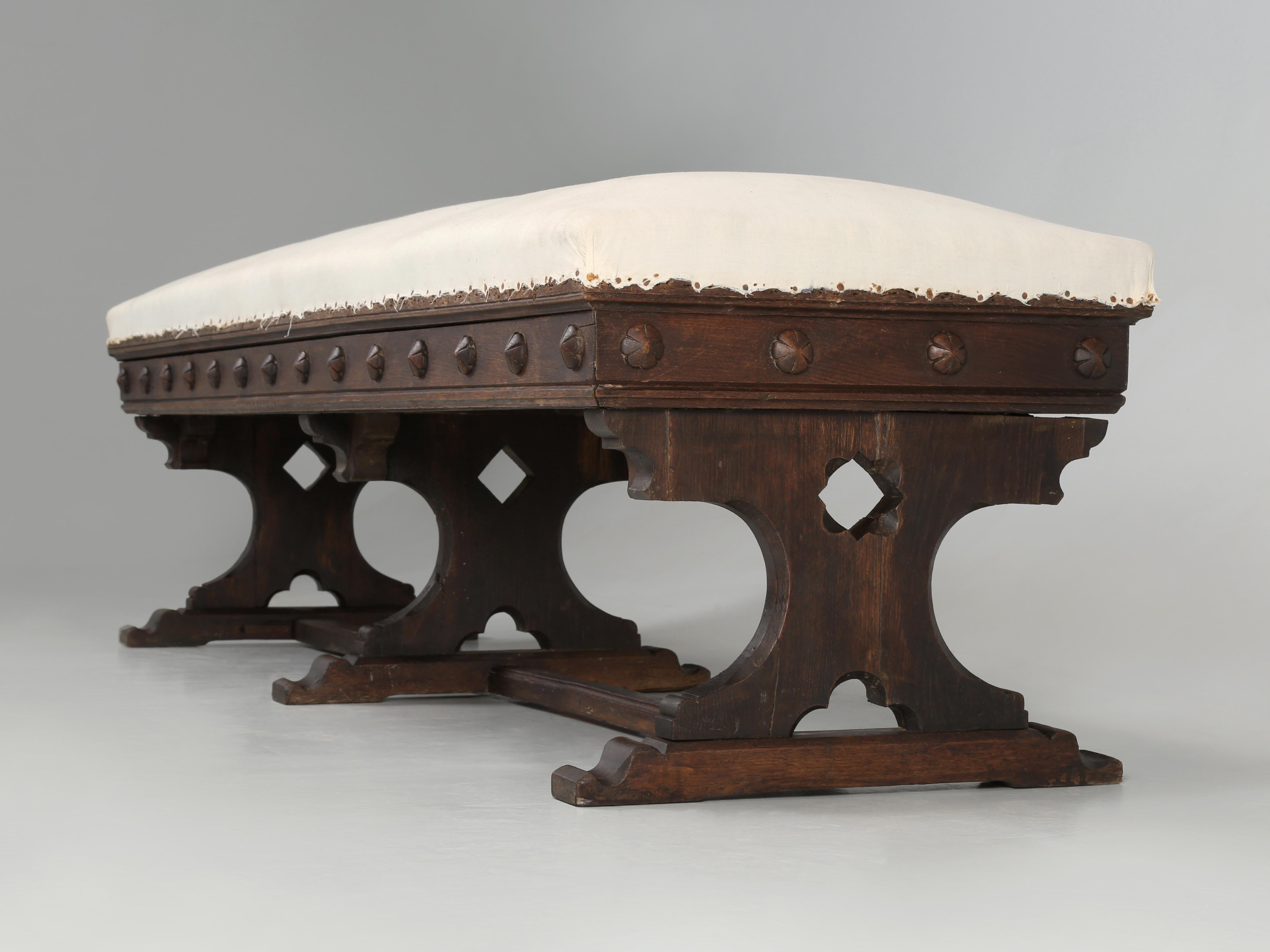 Antique French Upholstered Bench from the mid-1800’s and appears to still be in its Original Finish. Structurally sound and currently covered in just muslin. The bench is an unusual scale and I do not believe we have ever seen another quite like it.