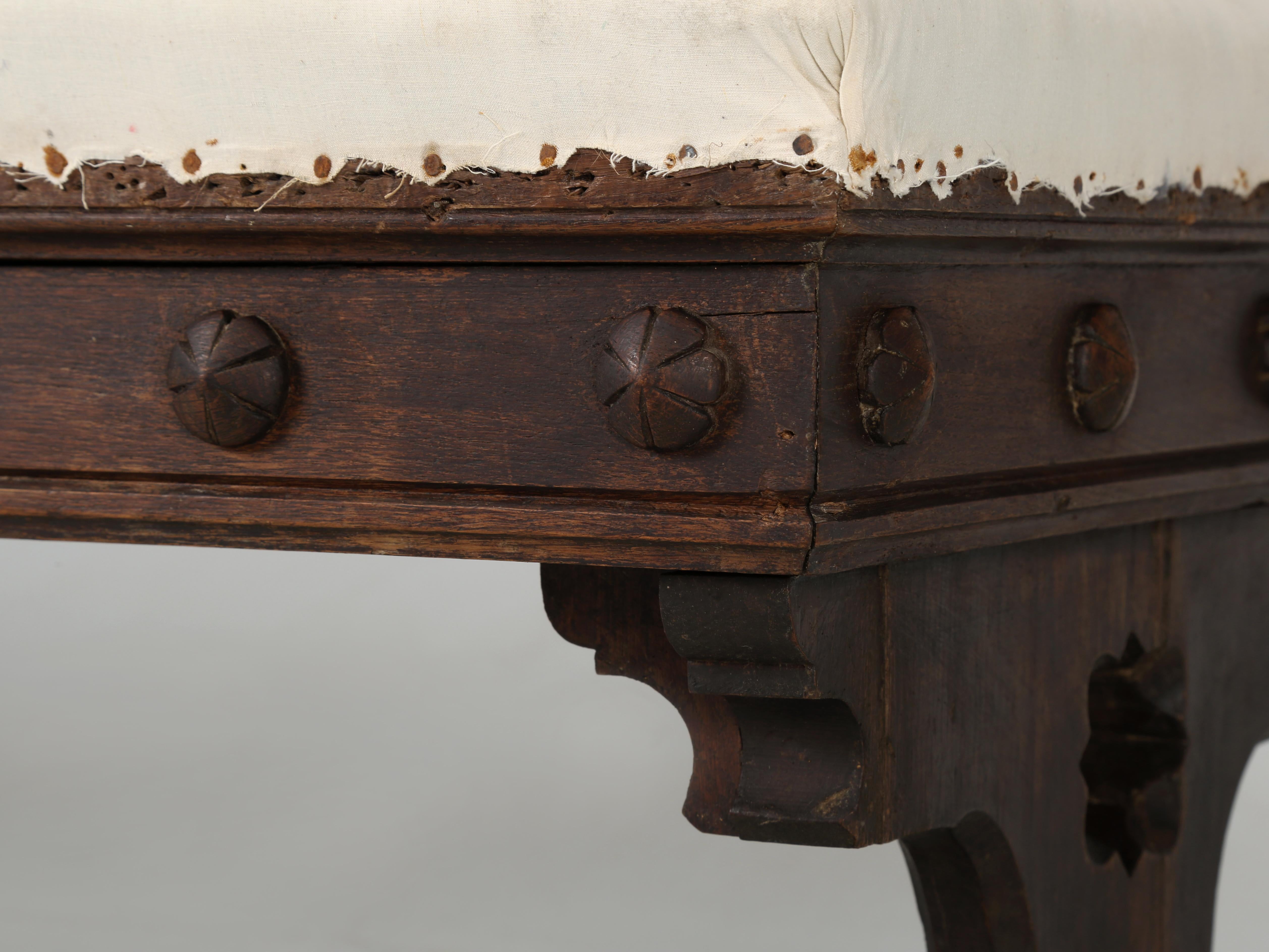 Hand-Carved Antique French Bench Upholstered in Muslin Oak C1800s Very Original  For Sale