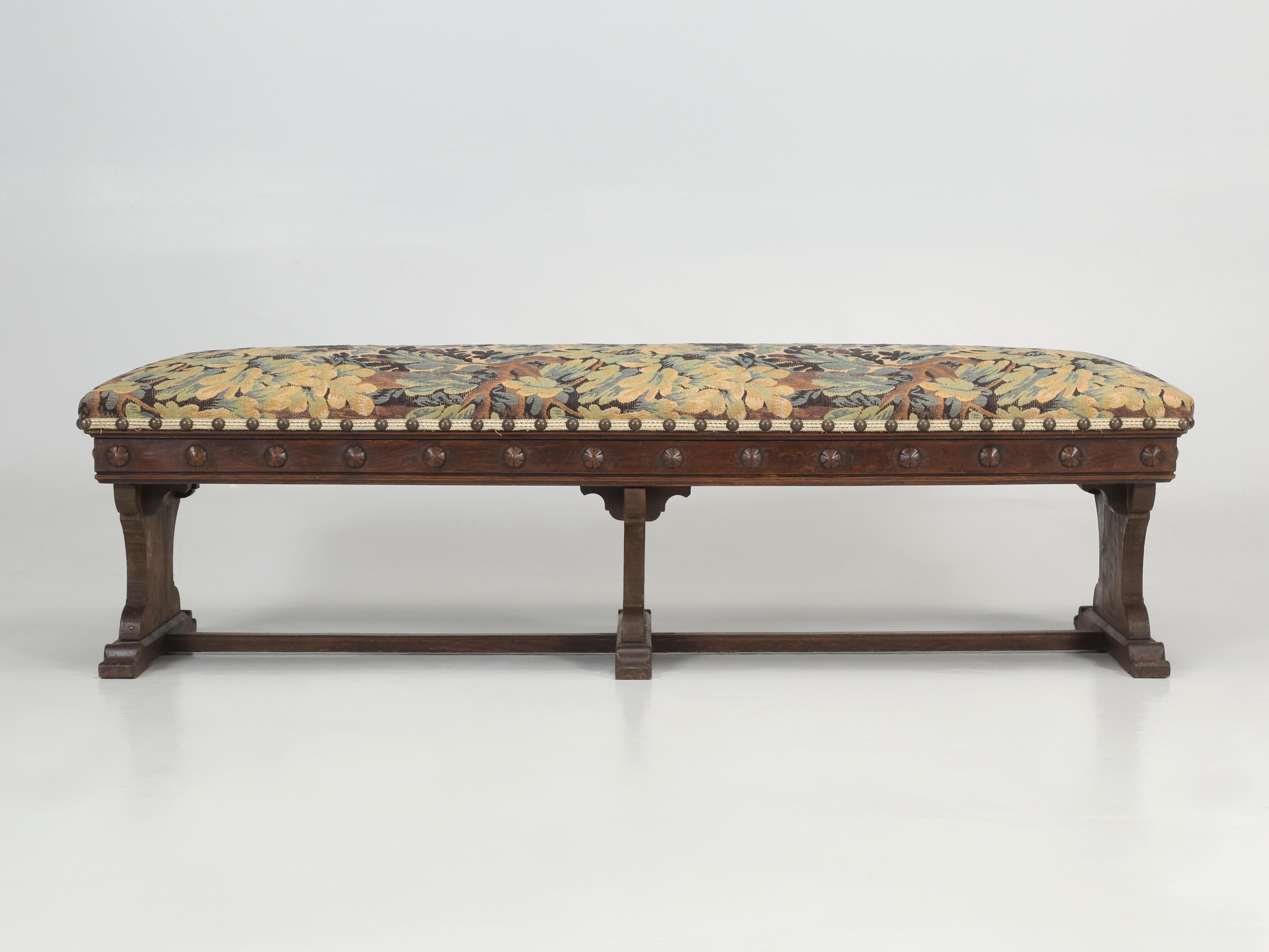Antique French Bench Upholstered in Old Fabric Oak C1800s Pair Available 7