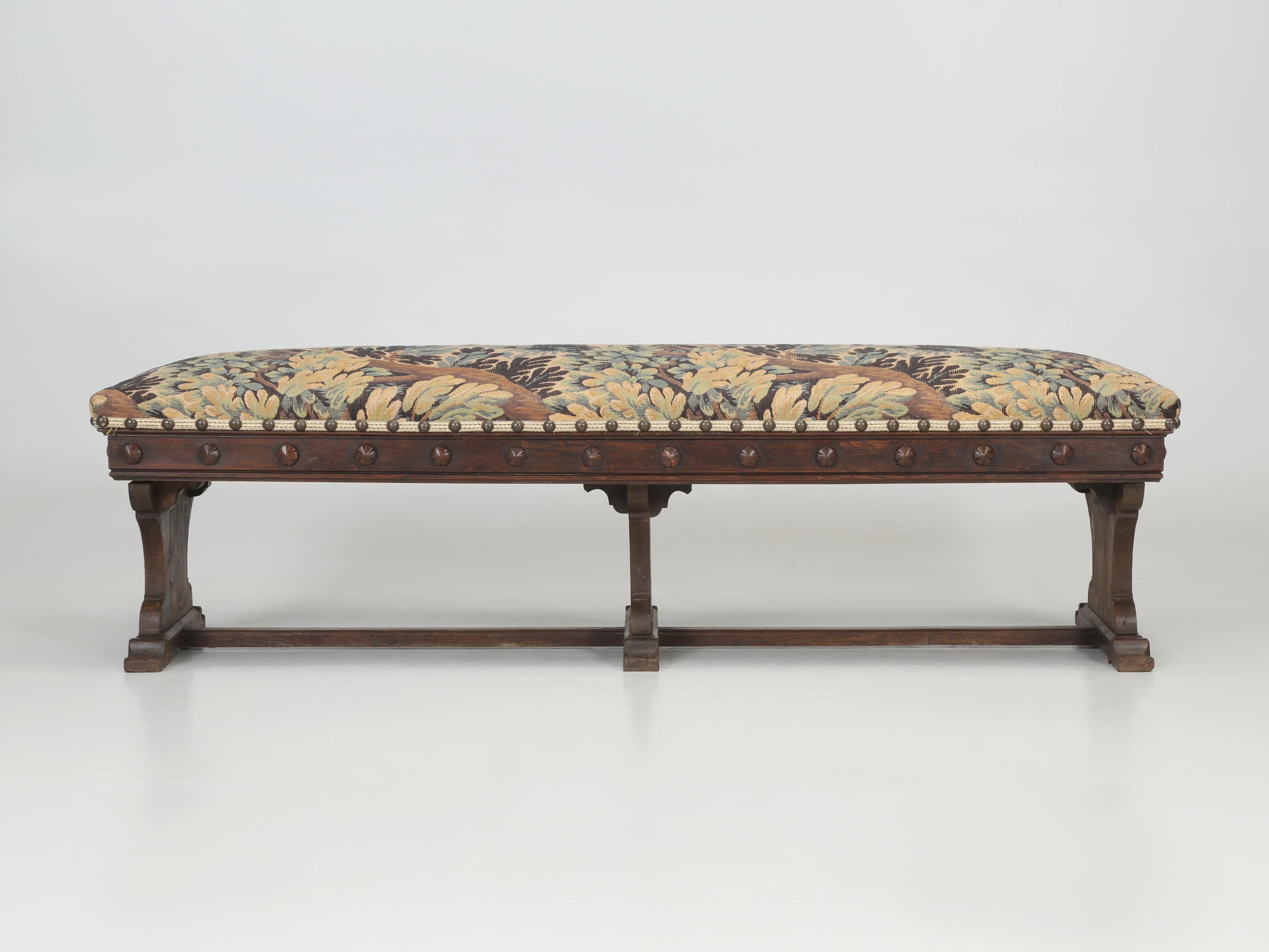 Mid-19th Century Antique French Bench Upholstered in Old Fabric Oak C1800s Pair Available