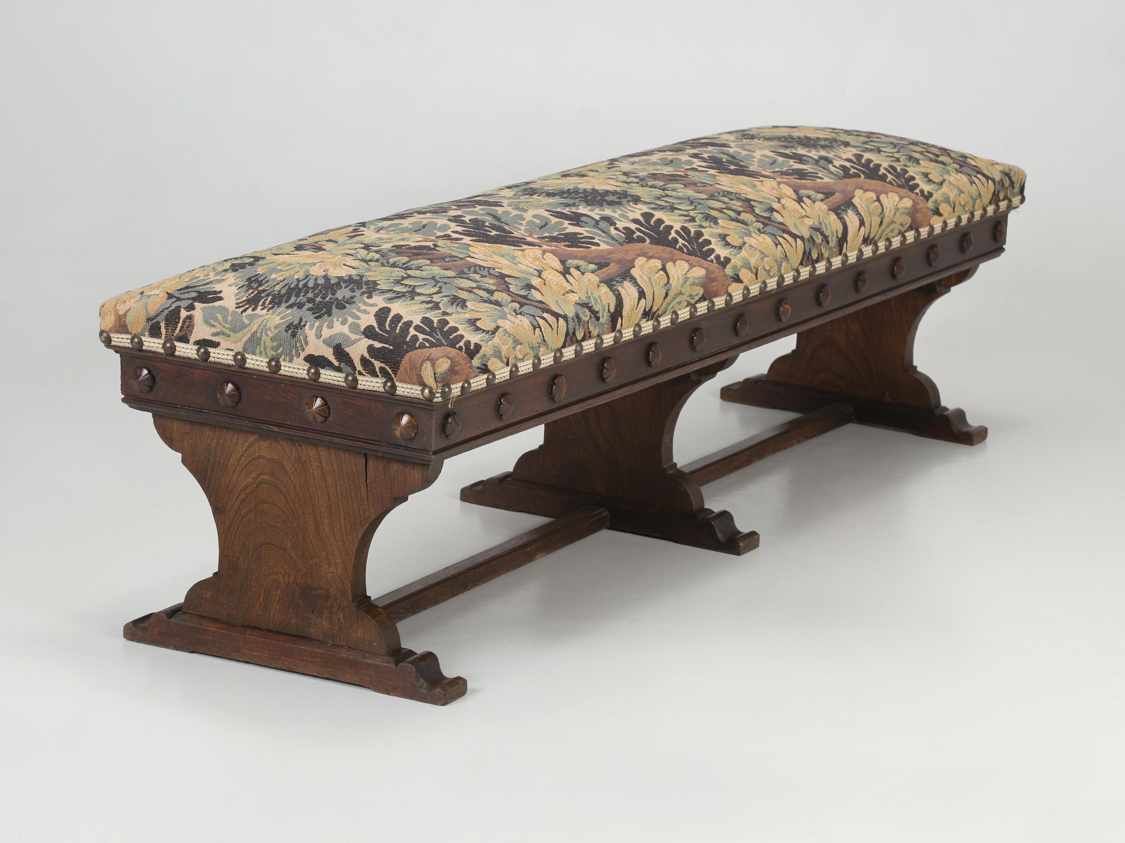 Antique French Bench Upholstered in Old Fabric Oak C1800s Pair Available 2