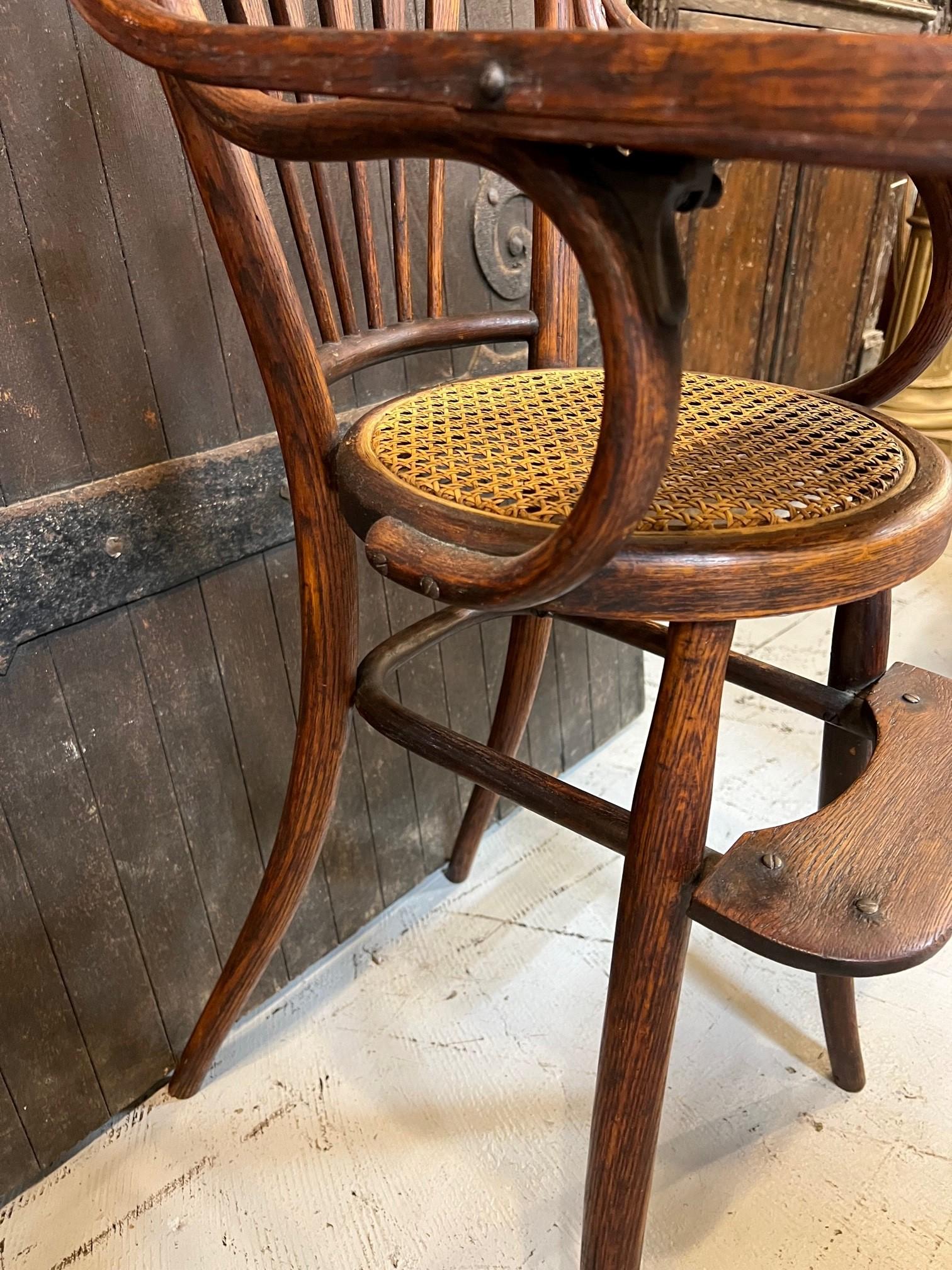 Antique French Bentwood Hand Crafted Baby's High Chair with Round Cane Seat In Good Condition In Stamford, CT