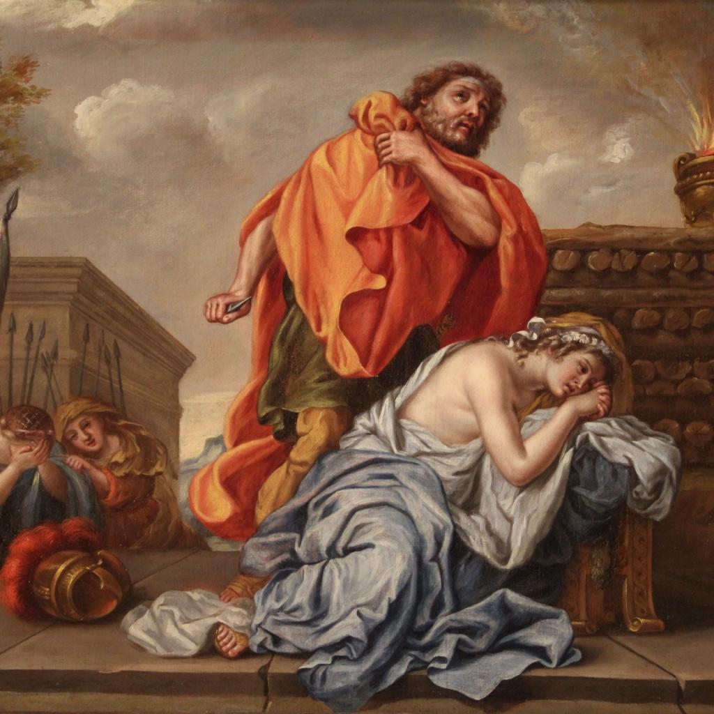 Ancient painting 18th century French. Opera and oil on canvas depicting biblical subject of sacred art the sacrifice of the daughter of Jephthah of excellent pictorial quality. Framework of great measure and impact, for antiquarians and collectors