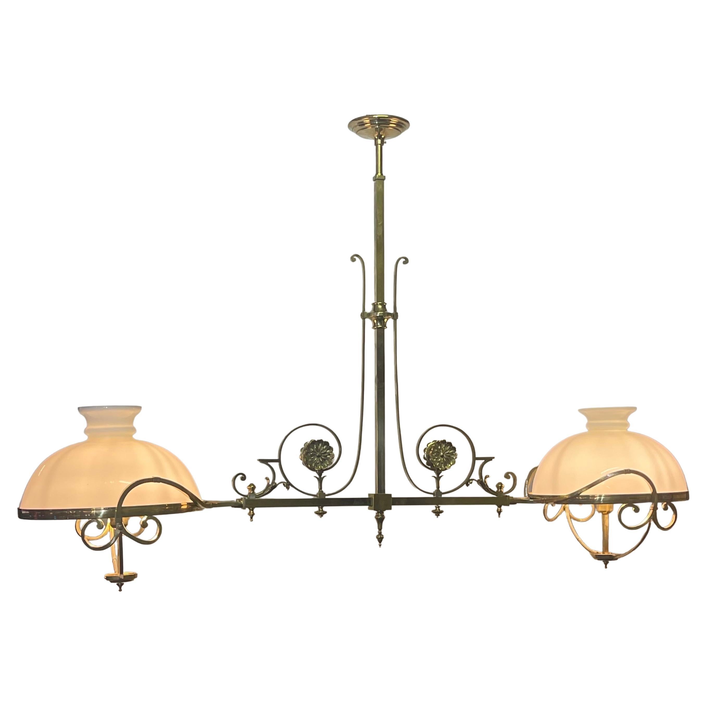 A huge and impressive French Empire brass chandelier for billiard/snooker or kitchen island.
Lamp socket: 2 x E27 or E26 ( US) for standard screw bulbs.
France, circa 1840 - 1860s.
Fully Restored.
The glass shades have been replaced and date