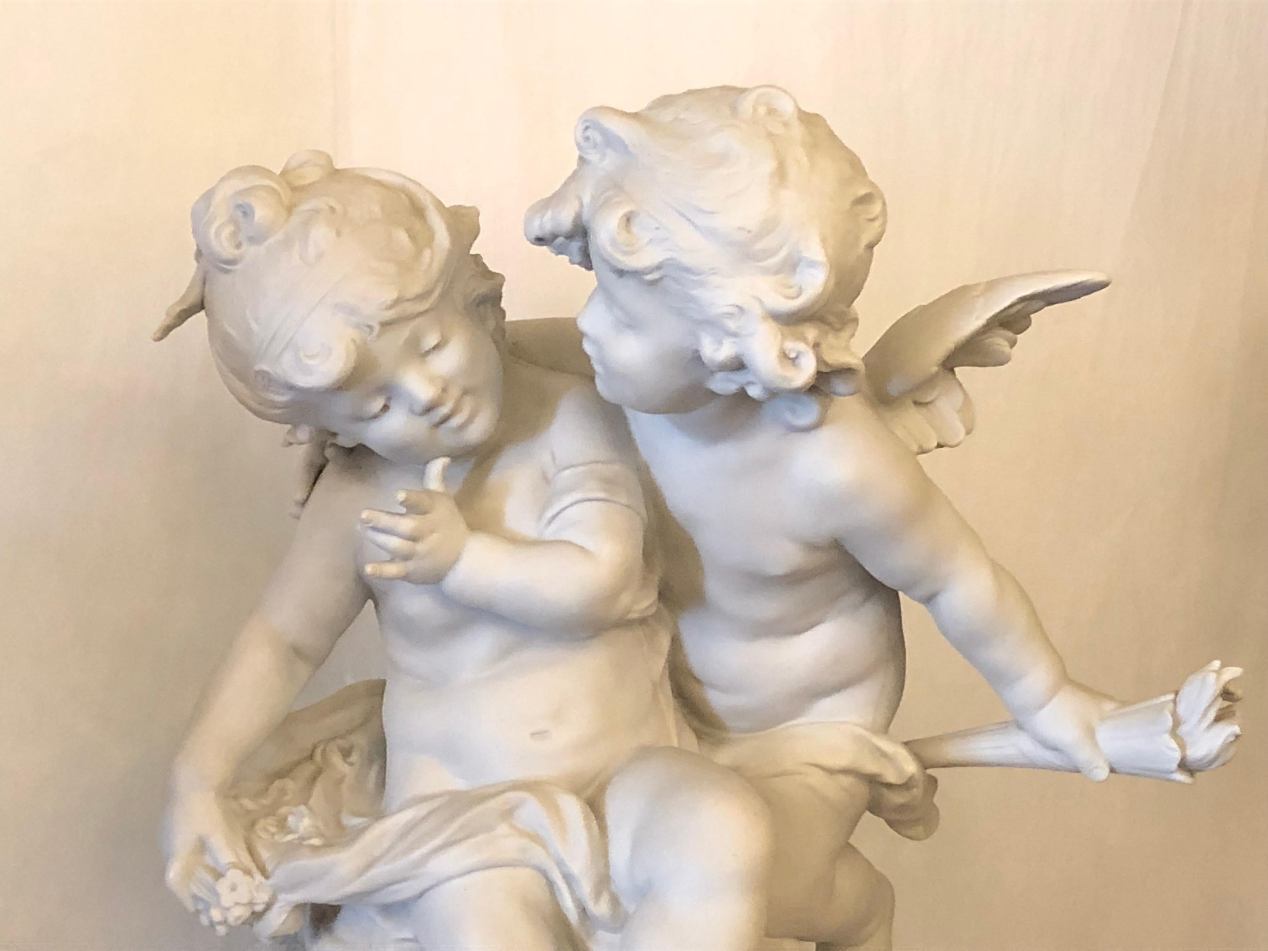 Antique French Bisque porcelain Cupids signed Auguste Moreau, circa 1890-1900.
Measures: Base is 9