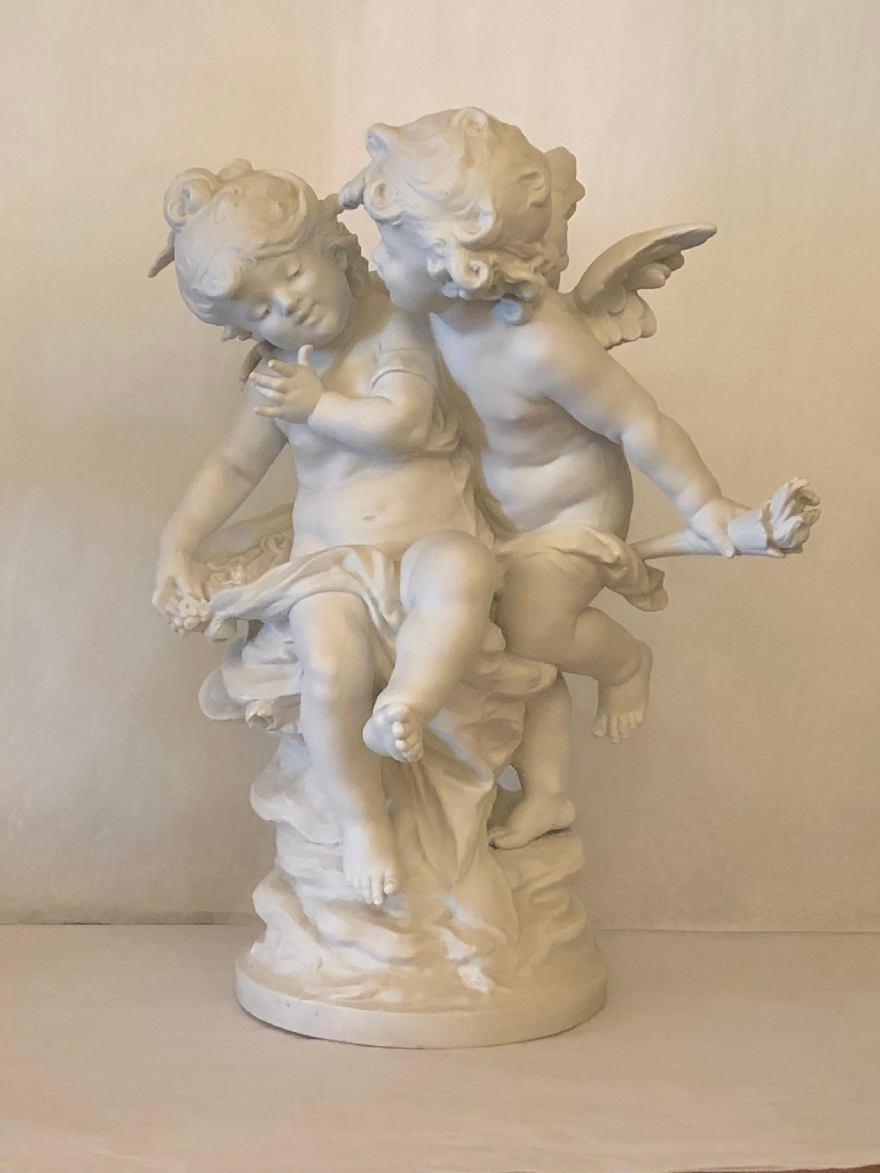 Antique French Bisque Porcelain Cupids signed Auguste Moreau, circa 1890-1900 In Excellent Condition In New Orleans, LA