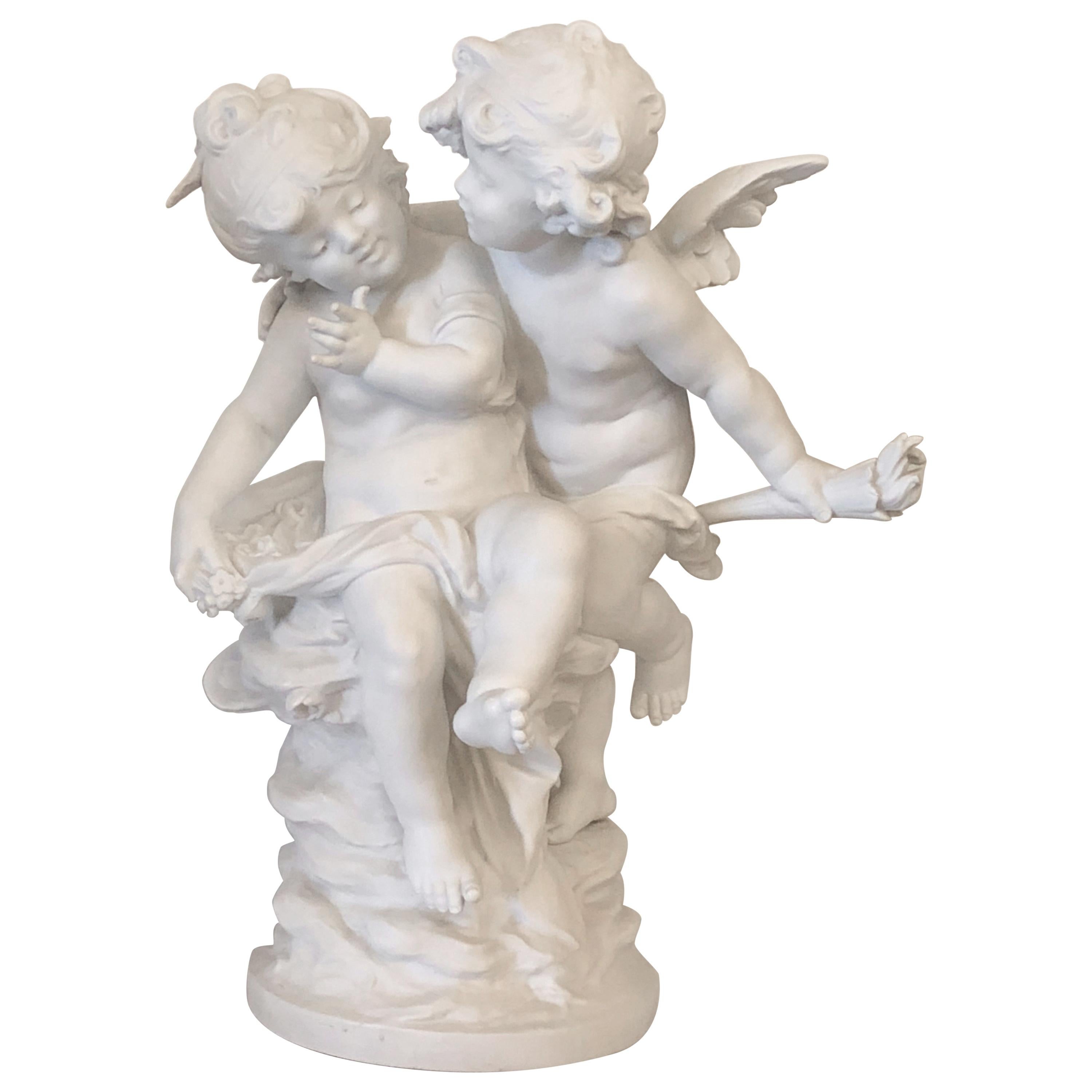 Antique French Bisque Porcelain Cupids Signed Auguste Moreau, circa 1890-1900