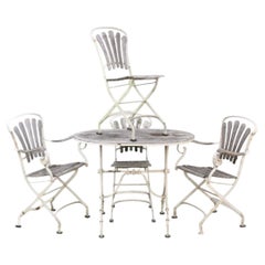 Antique French Bistro Savigny Iron Garden Table and Fan Back Folding Chairs