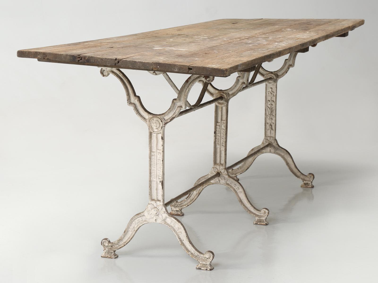 Country Antique French Bistro Table with Cast iron Base, Old Paint and Rustic Wood Top