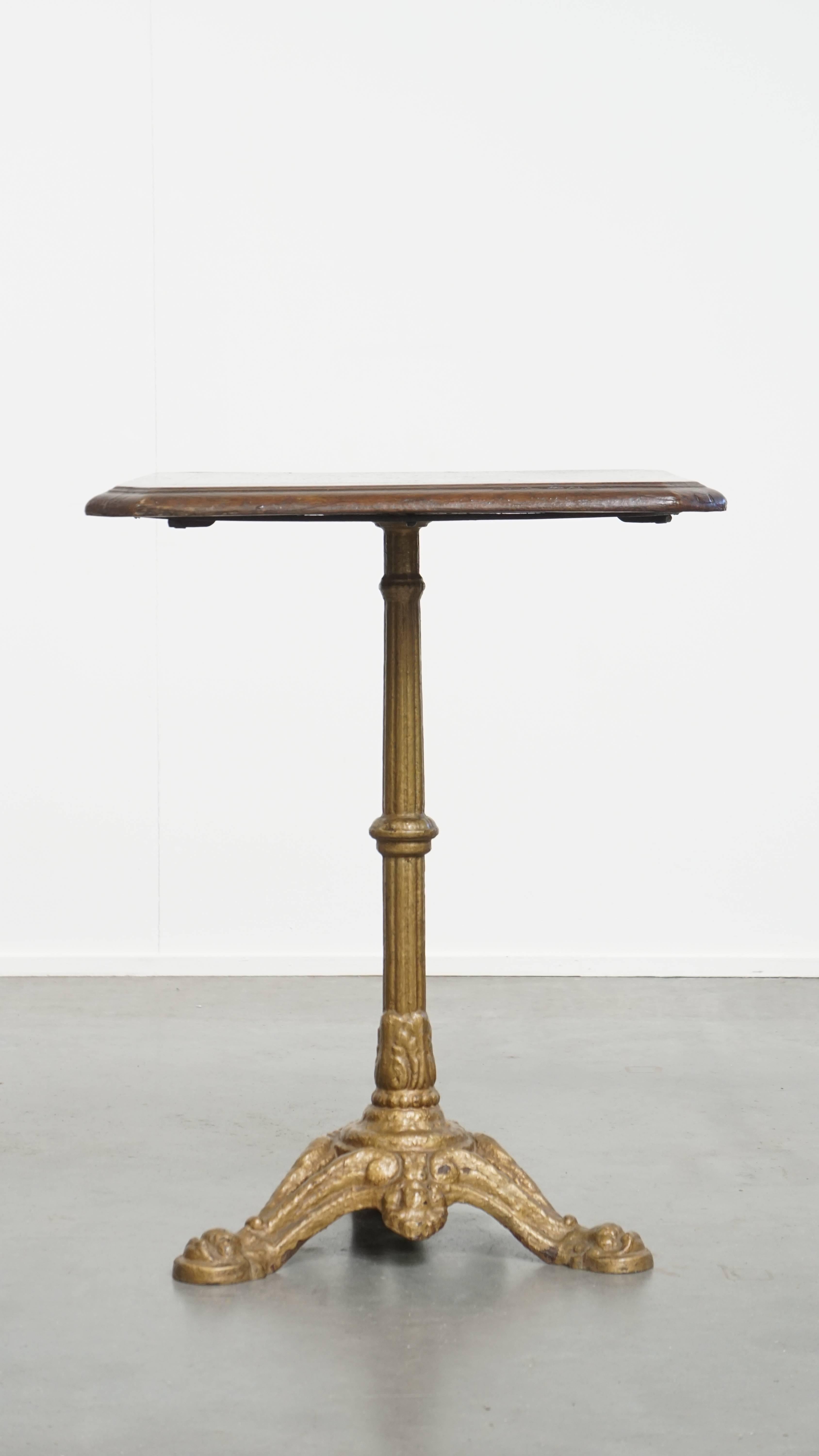 Classical Roman Antique French Bistro Table with Gold-Colored Cast Iron Base and Dark Oak Top For Sale