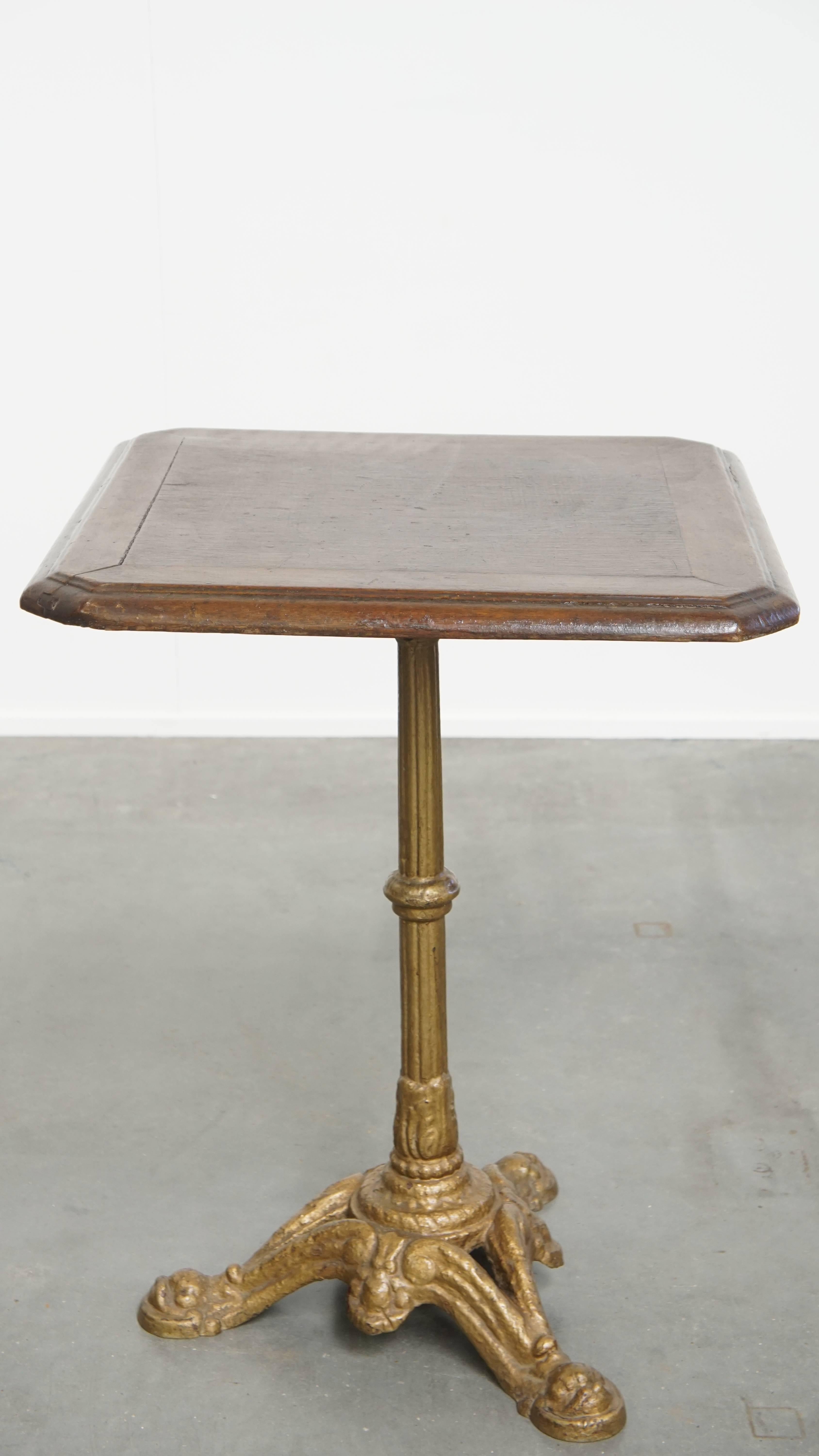 Hand-Crafted Antique French Bistro Table with Gold-Colored Cast Iron Base and Dark Oak Top For Sale