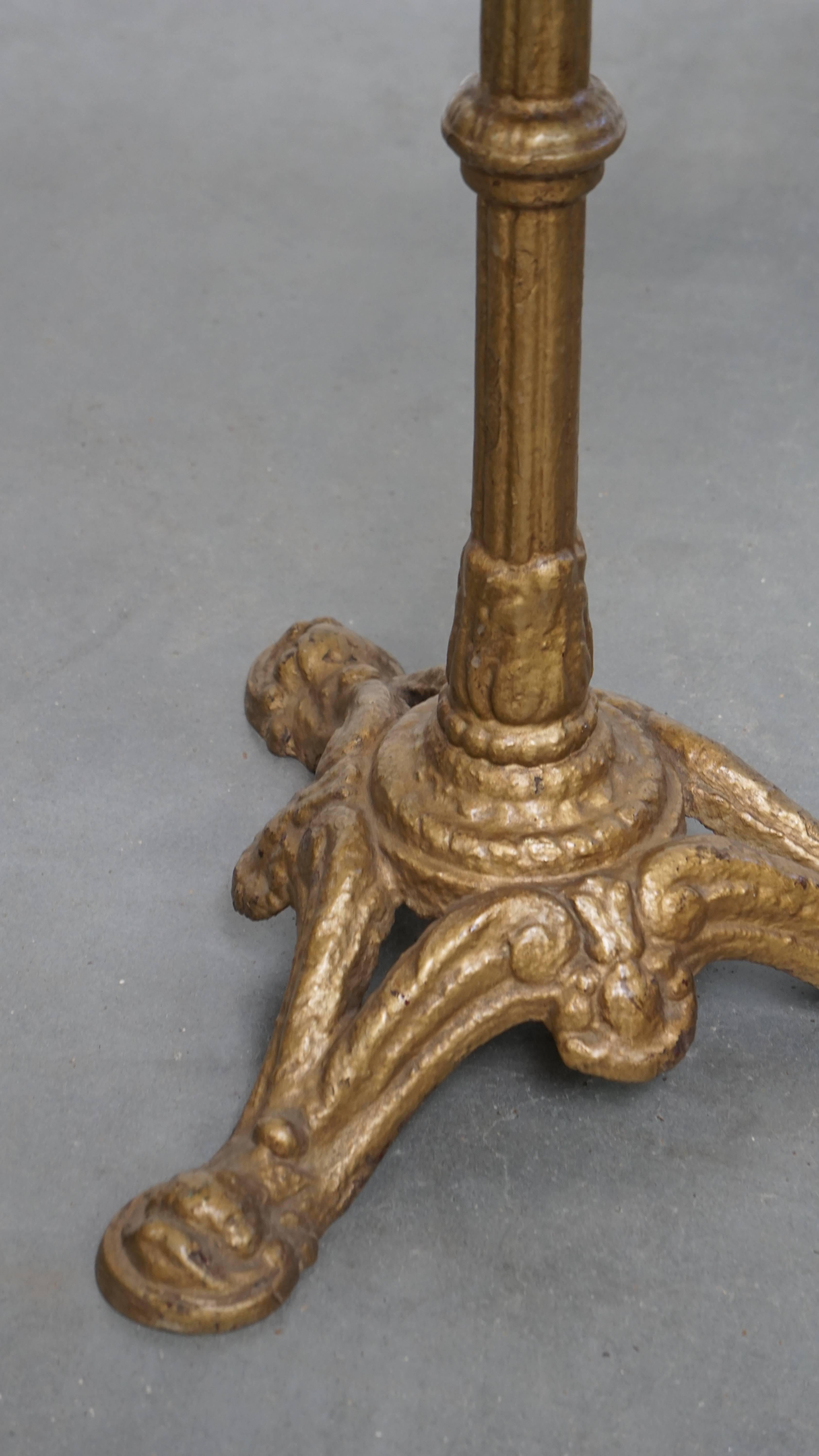 Antique French Bistro Table with Gold-Colored Cast Iron Base and Dark Oak Top For Sale 2