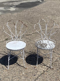 Antique French Bistro Twisted Wrought Iron Ice Cream Parlor Chairs - a Pair