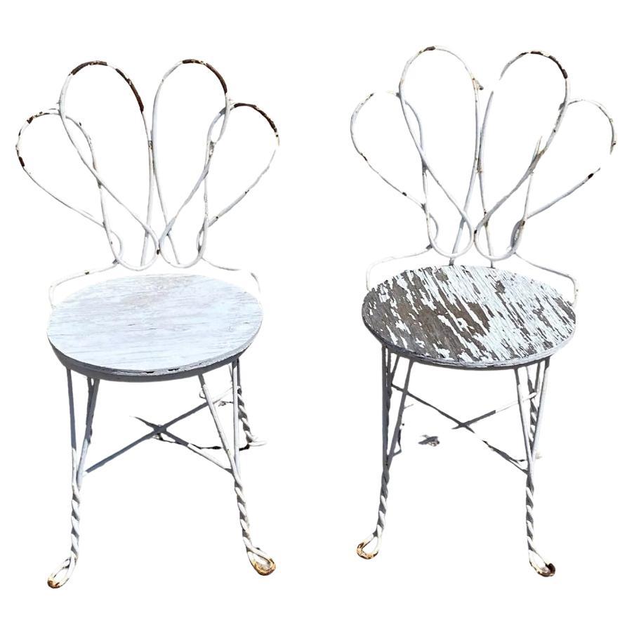 Antique French Bistro Twisted Wrought Iron Ice Cream Parlor Chairs - a Pair