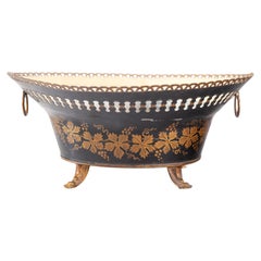 Antique French Black and Gilt Tole Jardiniere Cache Pot with Original Liner