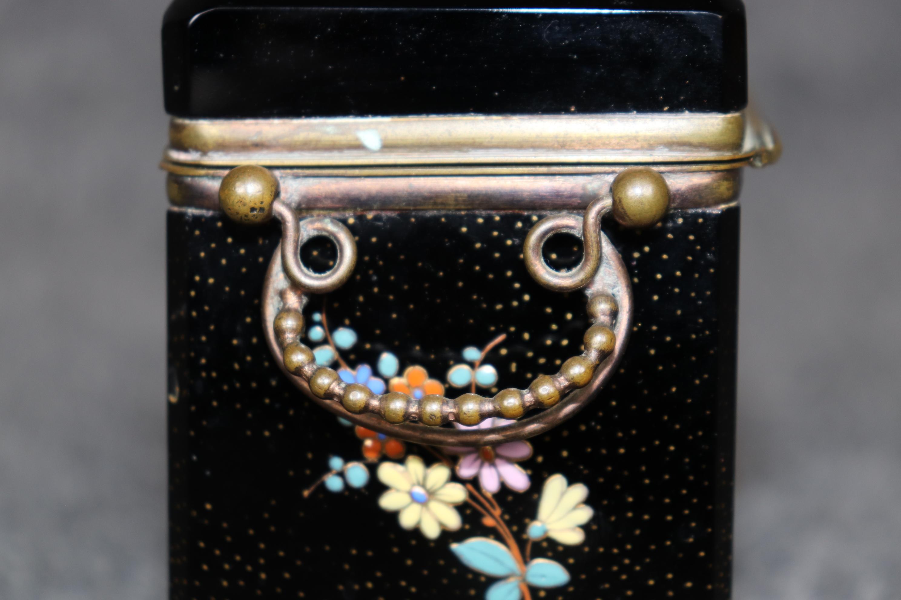 Antique French Black Cut Crystal and Bronze Jewelry Box with Enamel Decorations For Sale 4