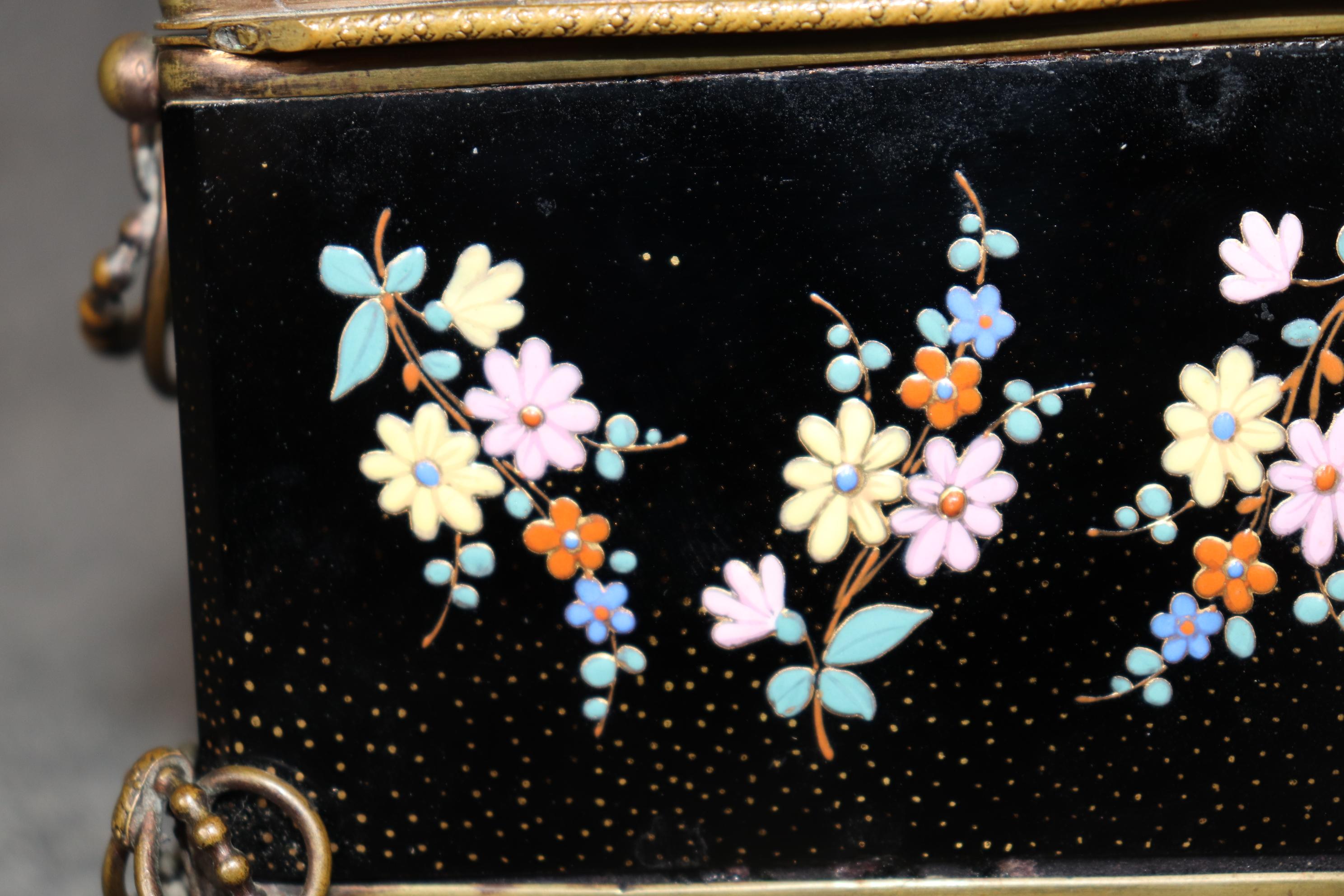Antique French Black Cut Crystal and Bronze Jewelry Box with Enamel Decorations For Sale 6