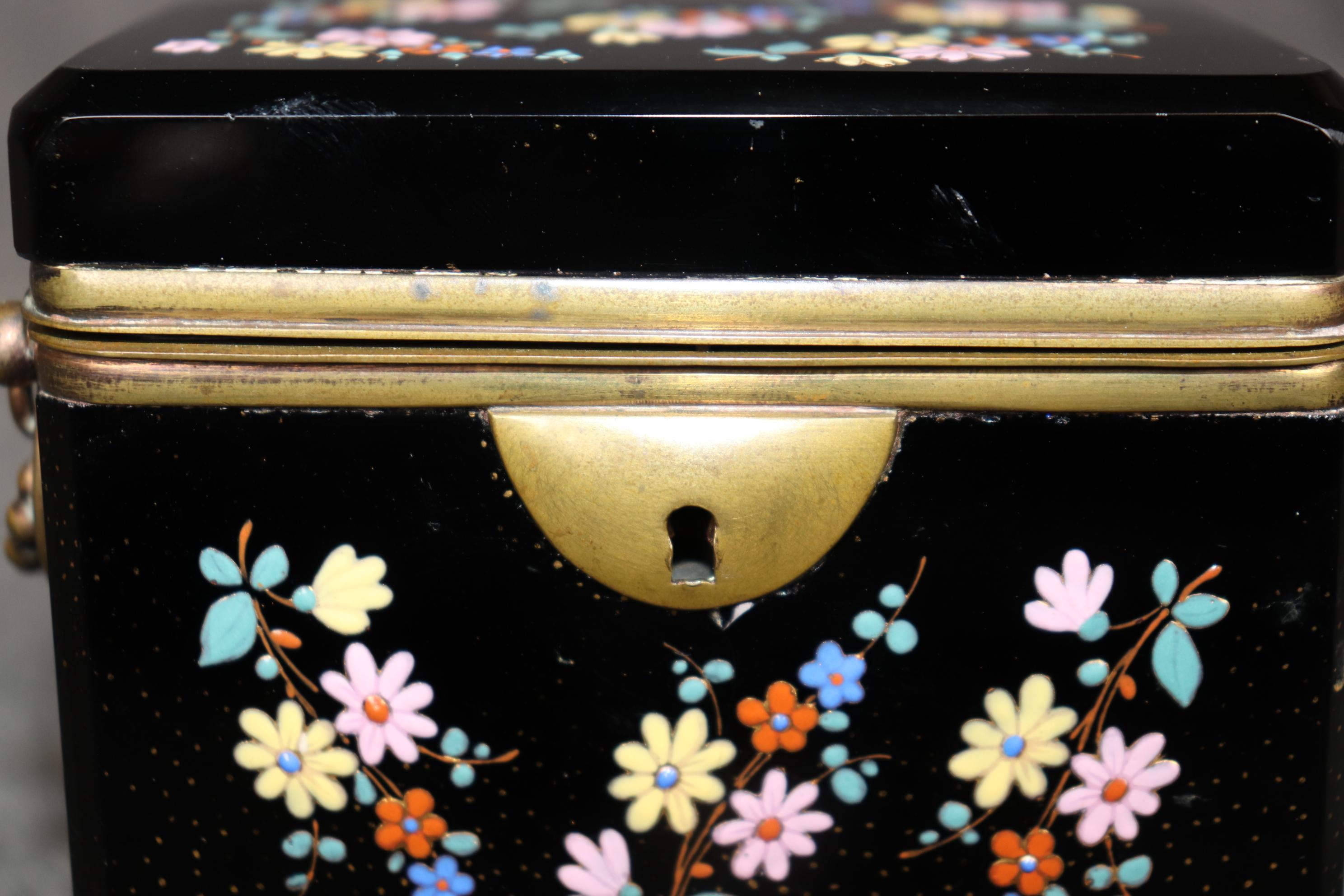Antique French Black Cut Crystal and Bronze Jewelry Box with Enamel Decorations For Sale 7