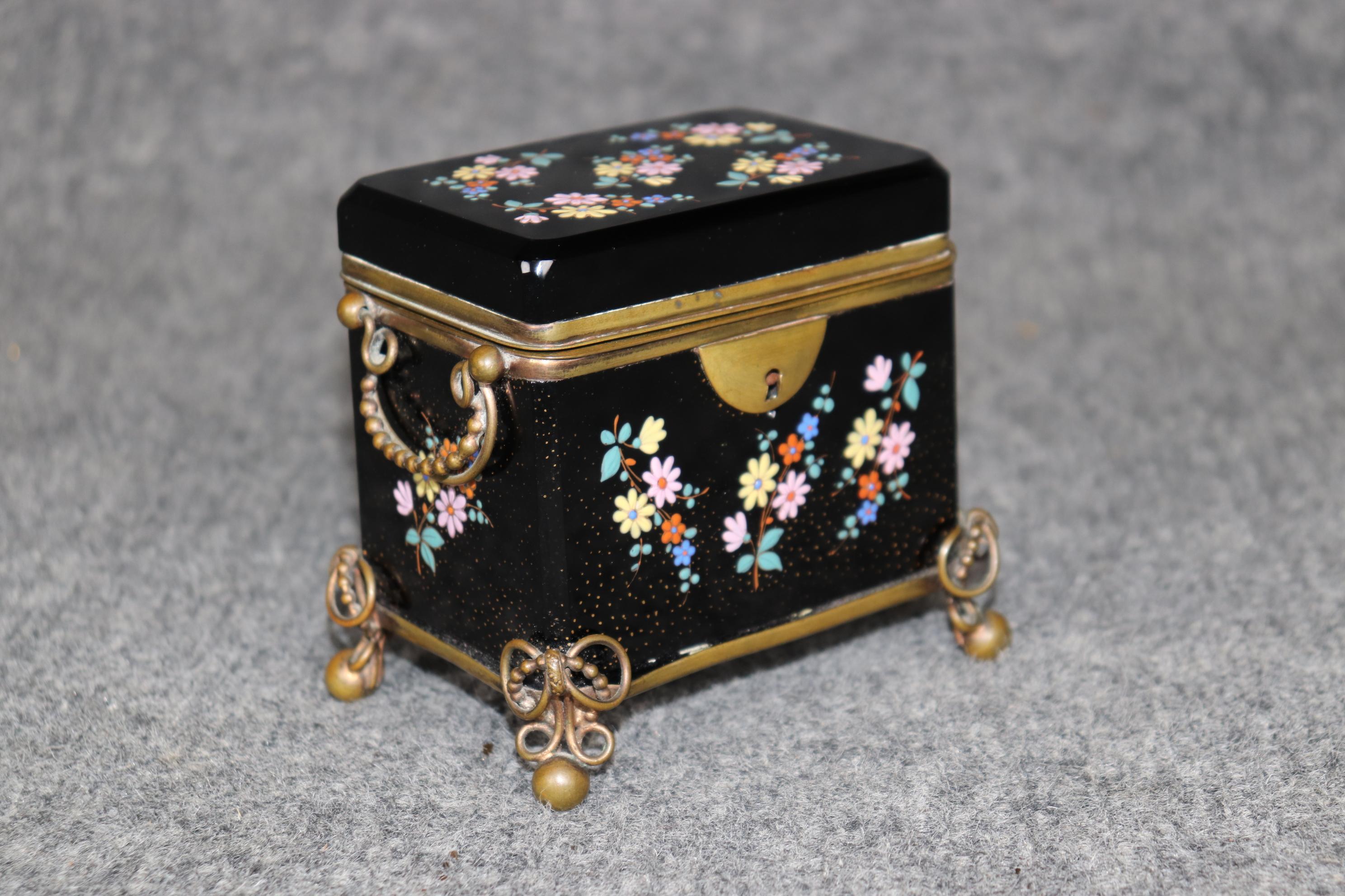 Louis XV Antique French Black Cut Crystal and Bronze Jewelry Box with Enamel Decorations For Sale