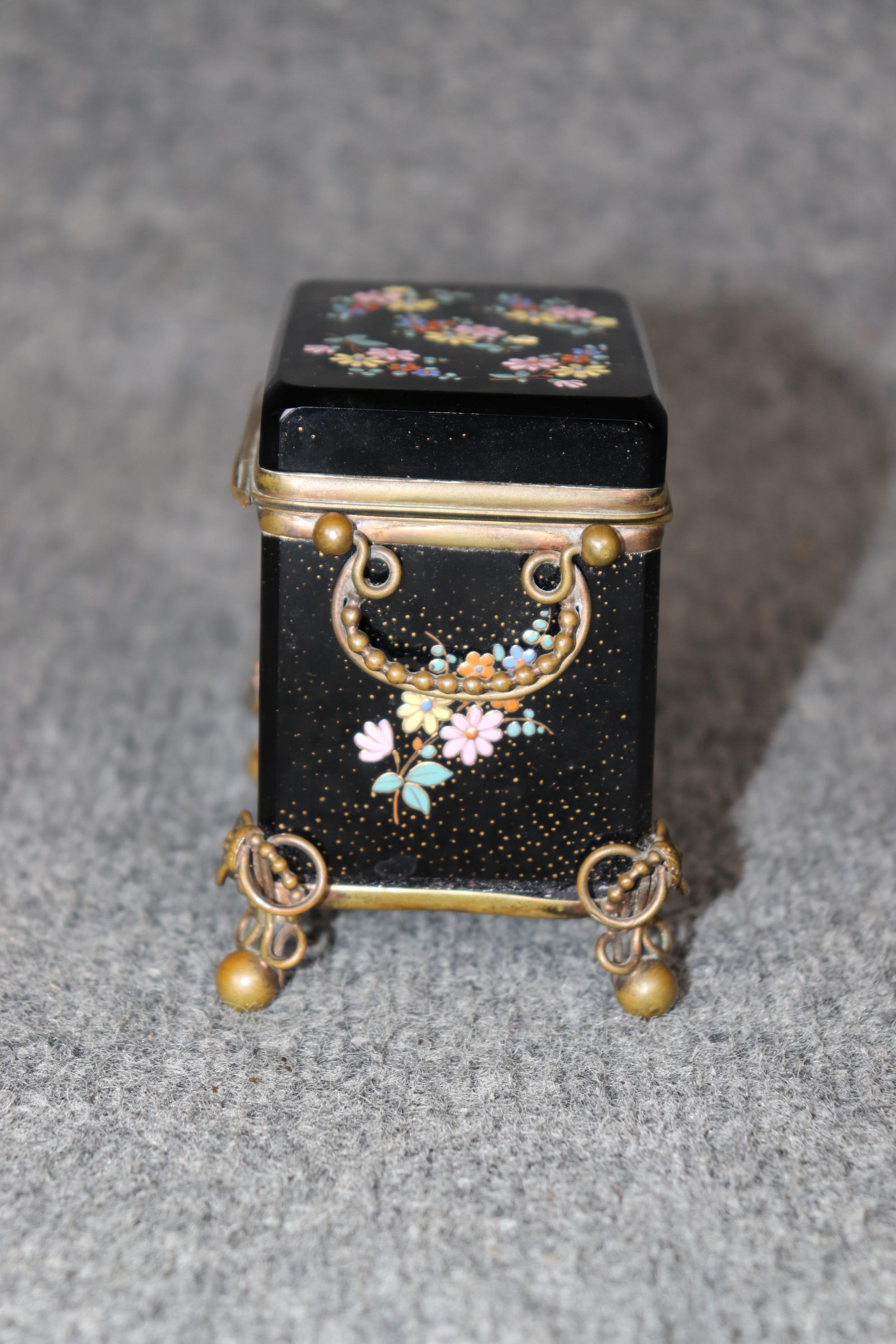 Cast Antique French Black Cut Crystal and Bronze Jewelry Box with Enamel Decorations For Sale