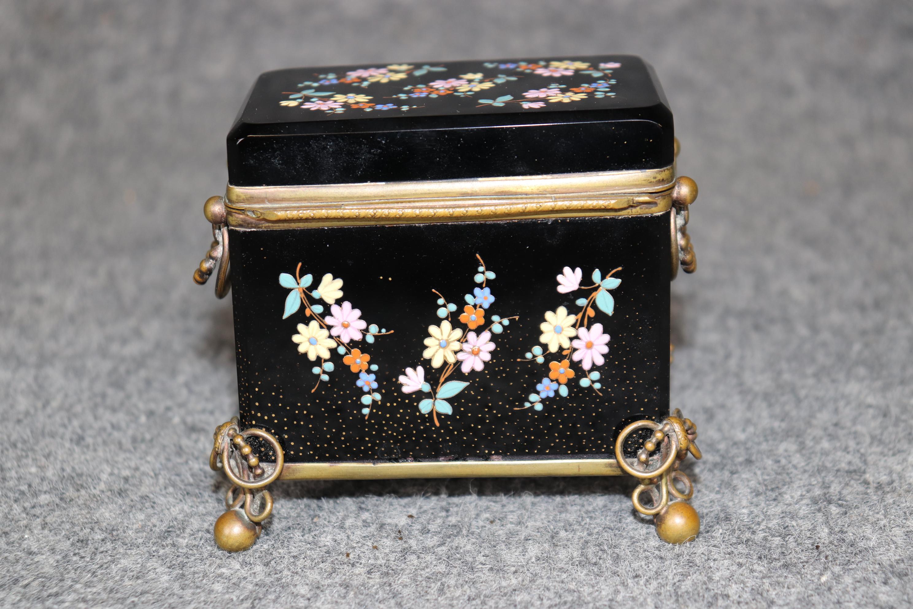Antique French Black Cut Crystal and Bronze Jewelry Box with Enamel Decorations In Good Condition For Sale In Swedesboro, NJ