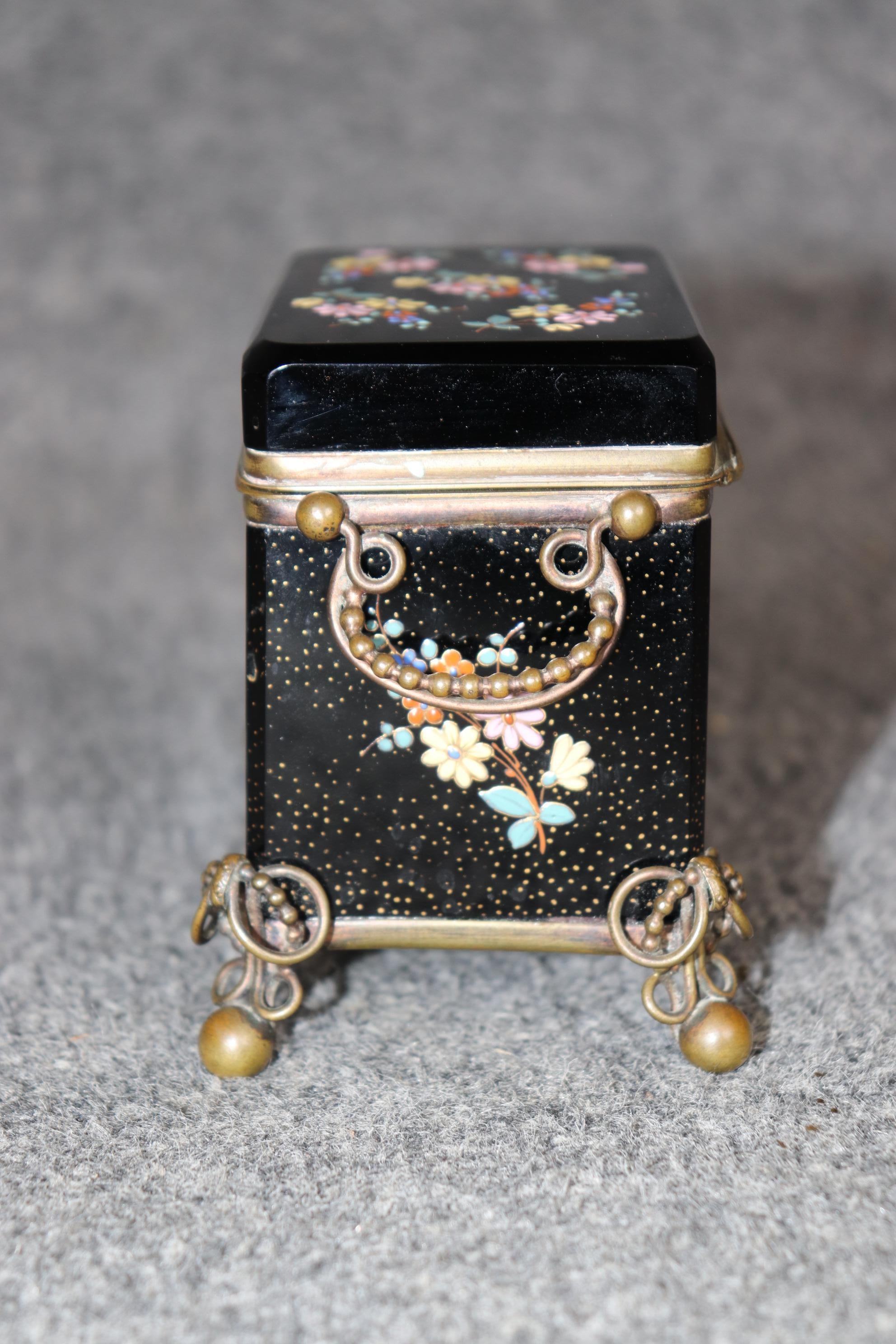19th Century Antique French Black Cut Crystal and Bronze Jewelry Box with Enamel Decorations For Sale