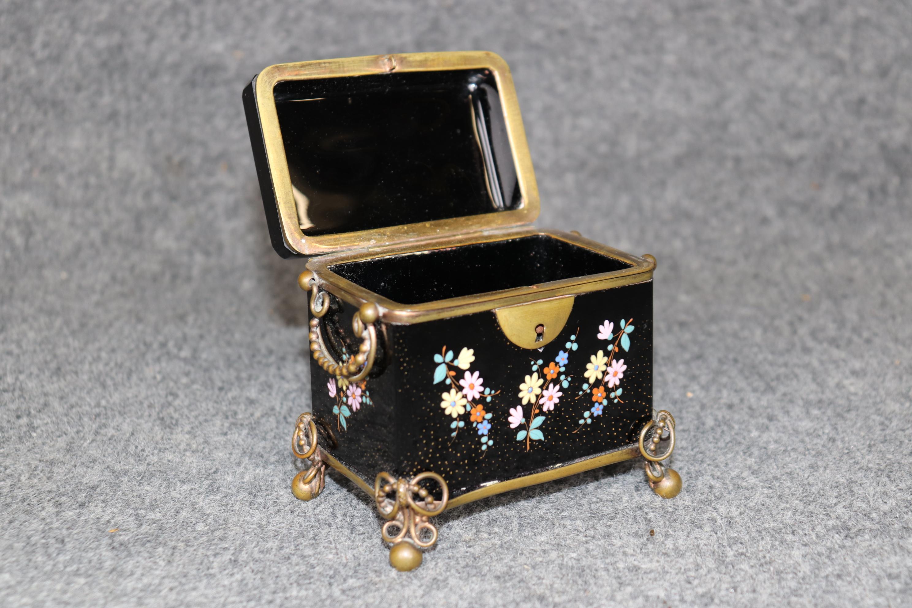 Antique French Black Cut Crystal and Bronze Jewelry Box with Enamel Decorations For Sale 1